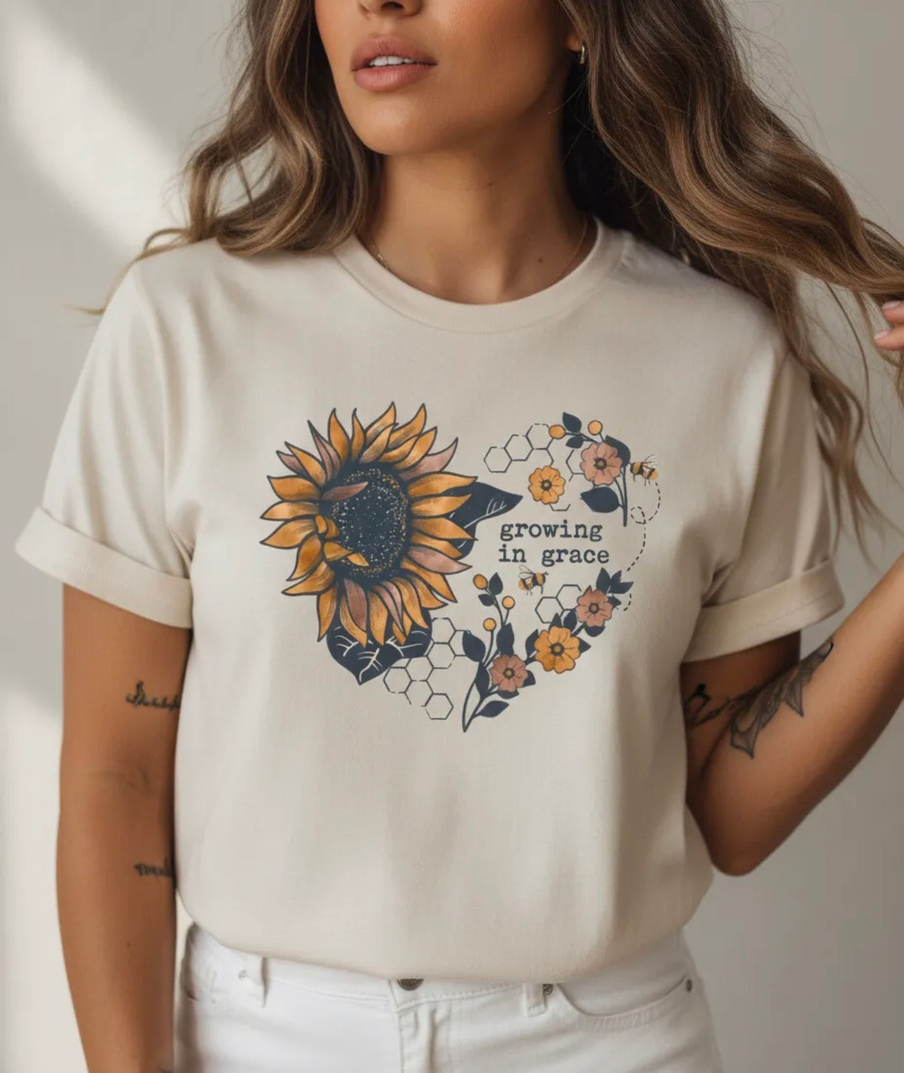 Growing in Grace Sunflower Tee | Faith Floral Graphic Shirt | Christian Bella Canvas T-Shirt