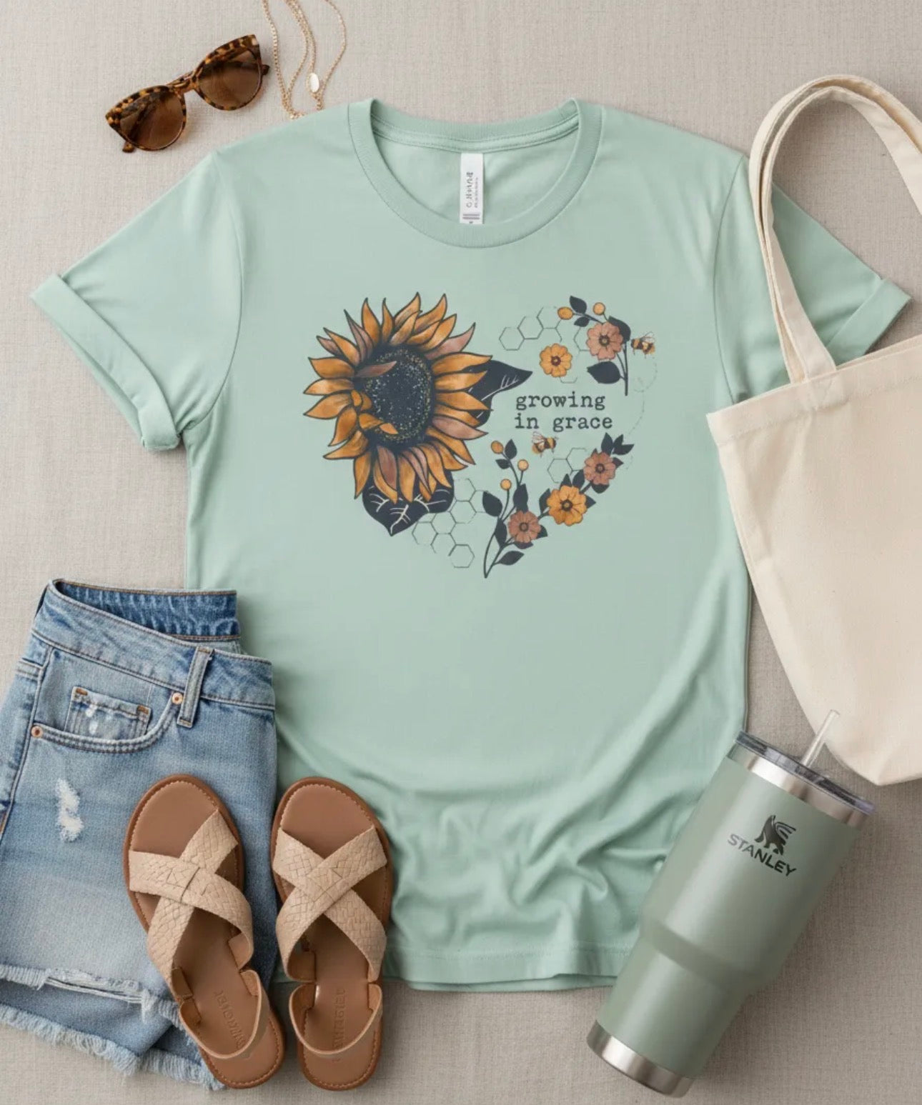 Growing in Grace Sunflower Tee | Faith Floral Graphic Shirt | Christian Bella Canvas T-Shirt