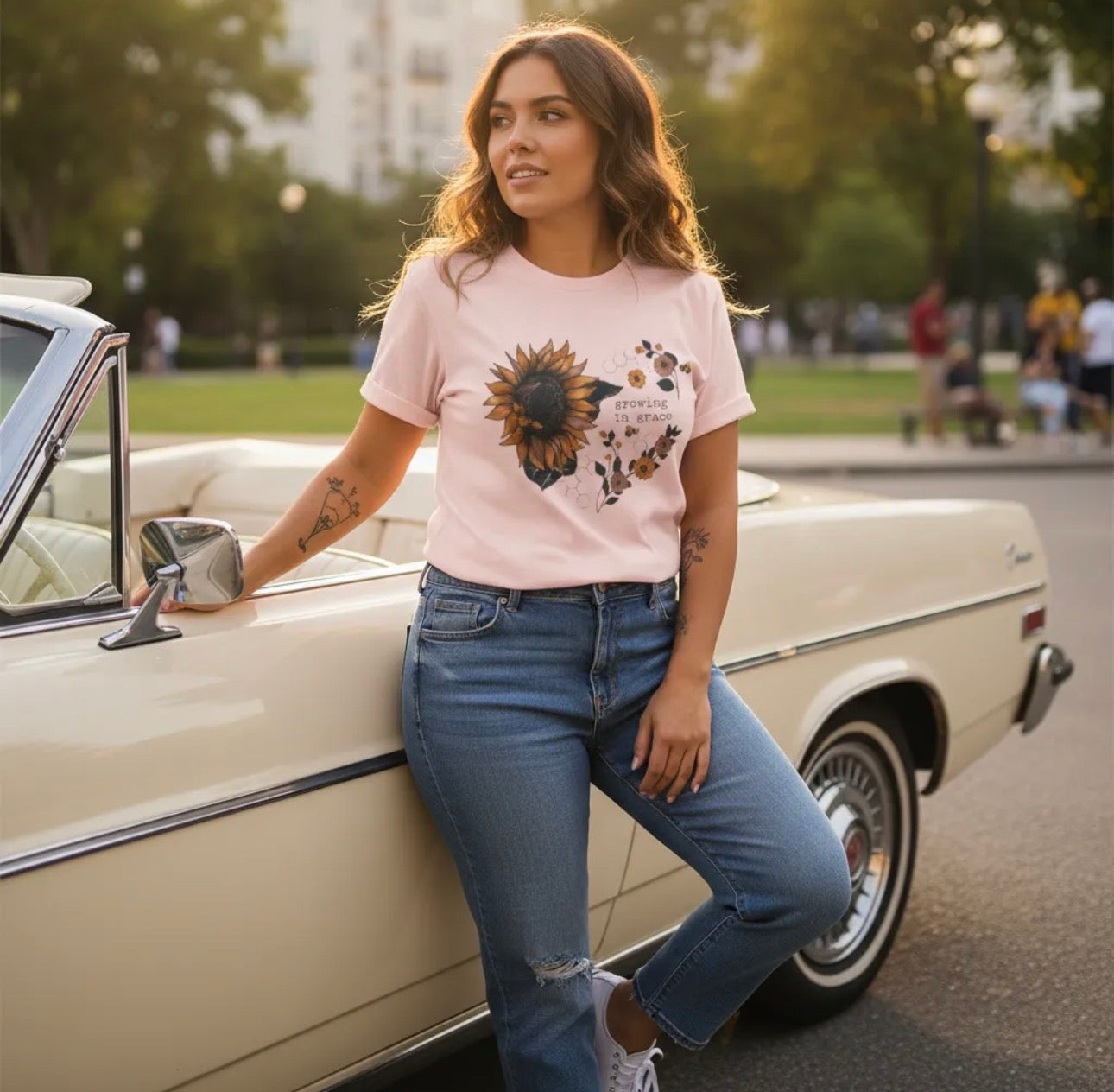 Growing in Grace Sunflower Tee | Faith Floral Graphic Shirt | Christian Bella Canvas T-Shirt