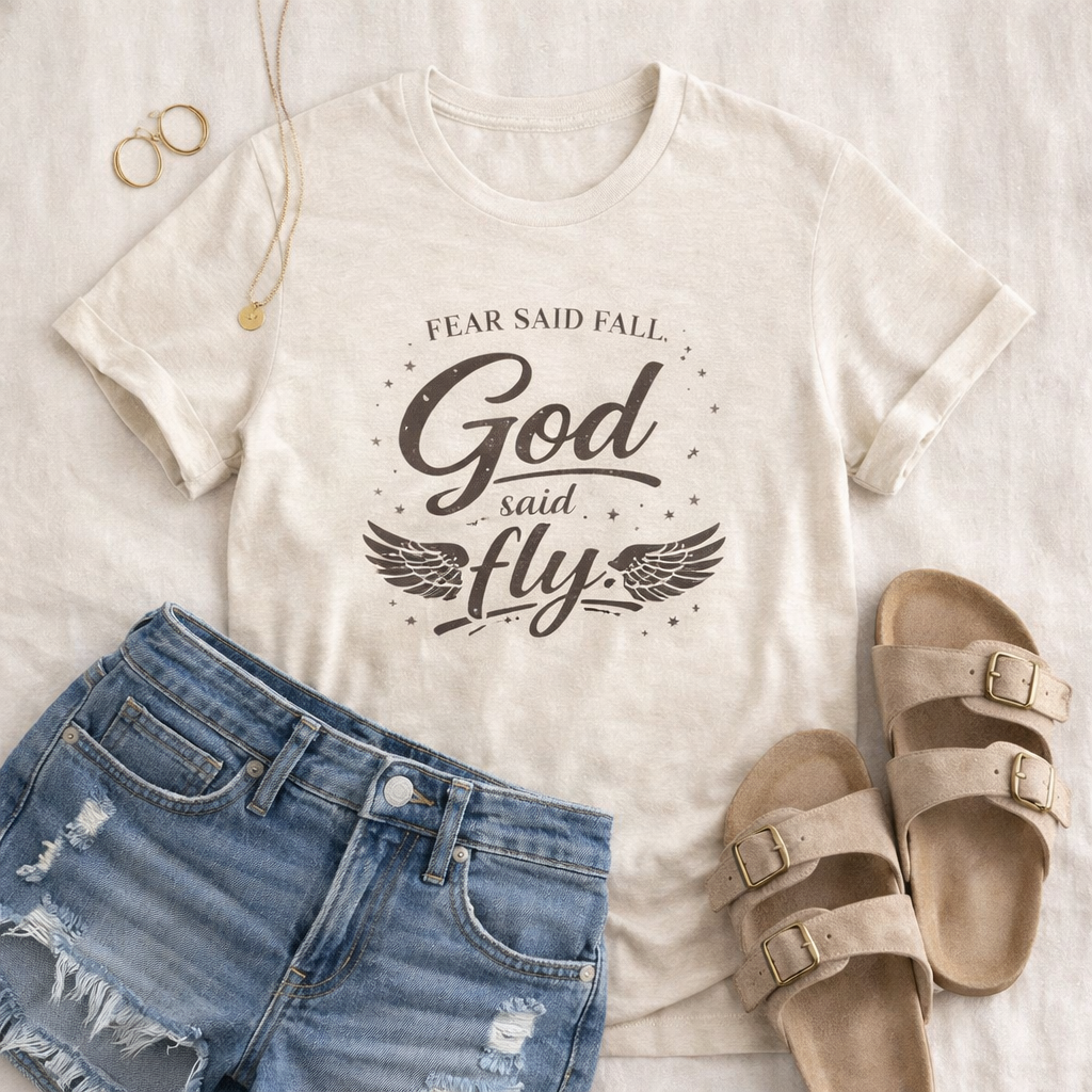 Fear Said Fall, God Said Fly Tee | Faith-Based Graphic Shirt