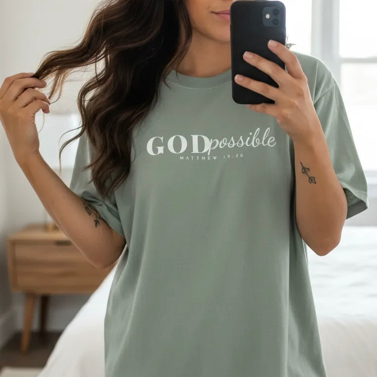 Godpossible Tee – Matthew 19:26 Christian Shirt | Faith Graphic Tee | Comfort Colors T-Shirt