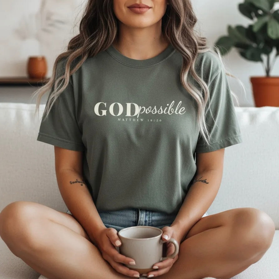 Godpossible Tee – Matthew 19:26 Christian Shirt | Faith Graphic Tee | Comfort Colors T-Shirt