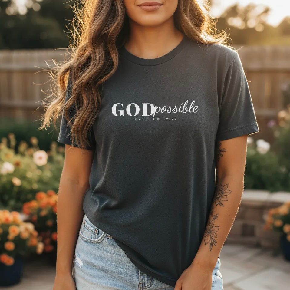 Godpossible Tee – Matthew 19:26 Christian Shirt | Faith Graphic Tee | Comfort Colors T-Shirt