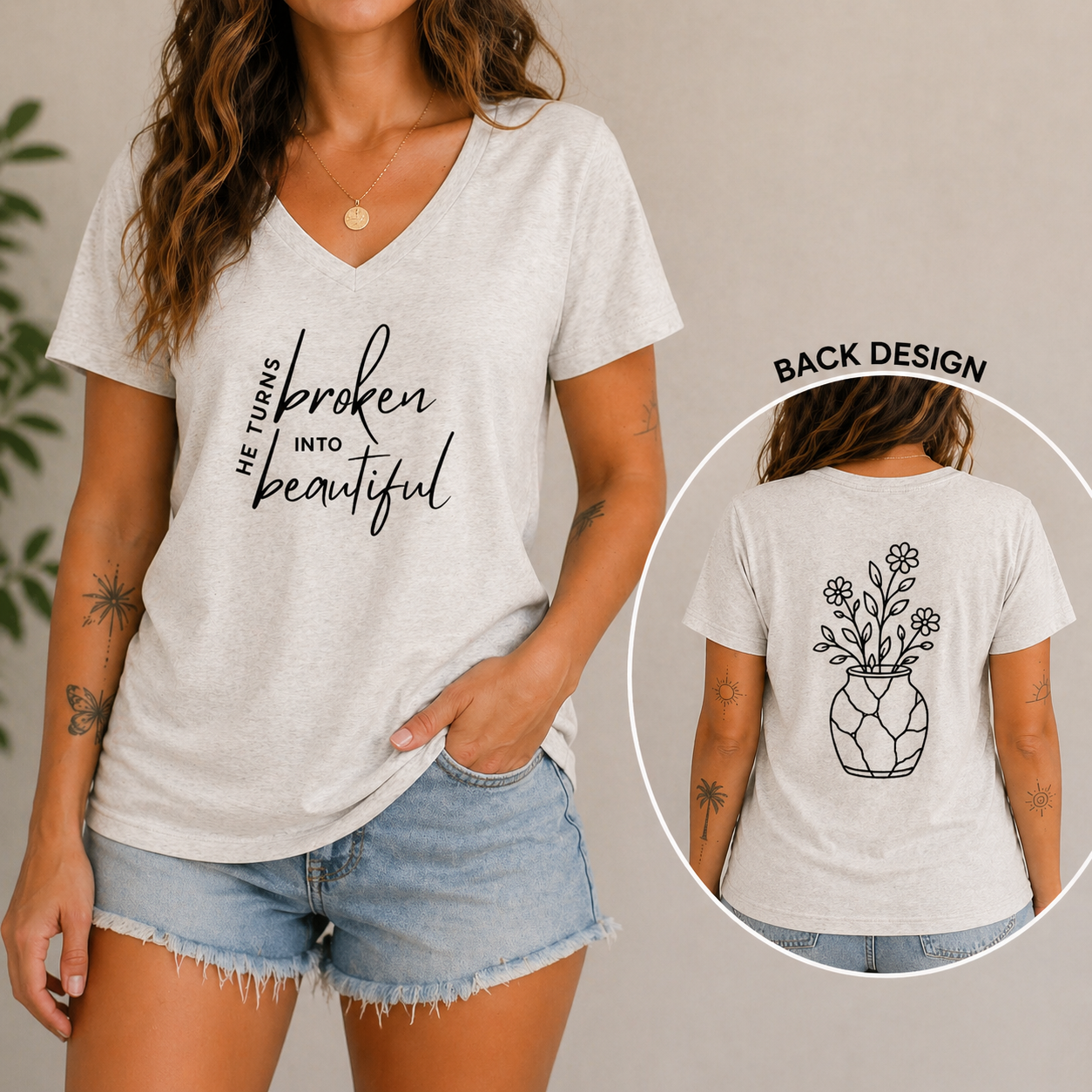 He Turns Broken Into Beautiful V-Neck Tee