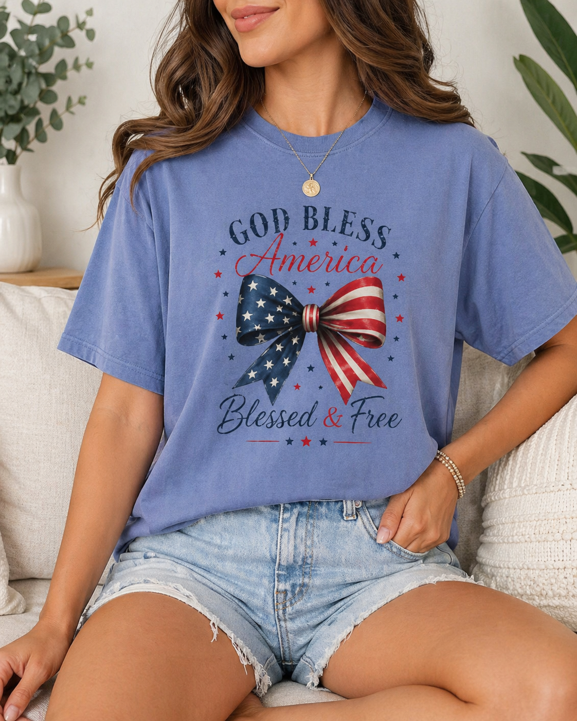 God Bless America Bow T-Shirt | Comfort Colors Patriotic Tee | Vintage USA Shirt | Faith + Freedom Graphic Tee