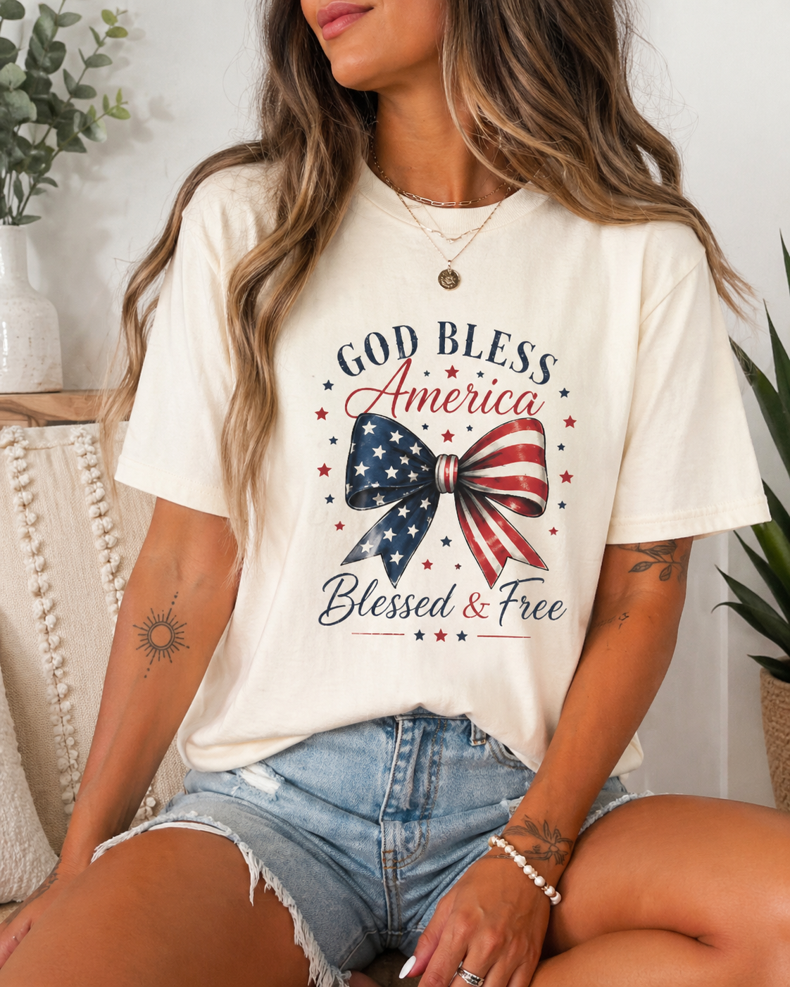 God Bless America Bow T-Shirt | Comfort Colors Patriotic Tee | Vintage USA Shirt | Faith + Freedom Graphic Tee
