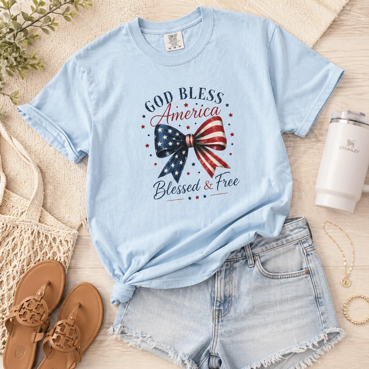 God Bless America Bow T-Shirt | Comfort Colors Patriotic Tee | Vintage USA Shirt | Faith + Freedom Graphic Tee