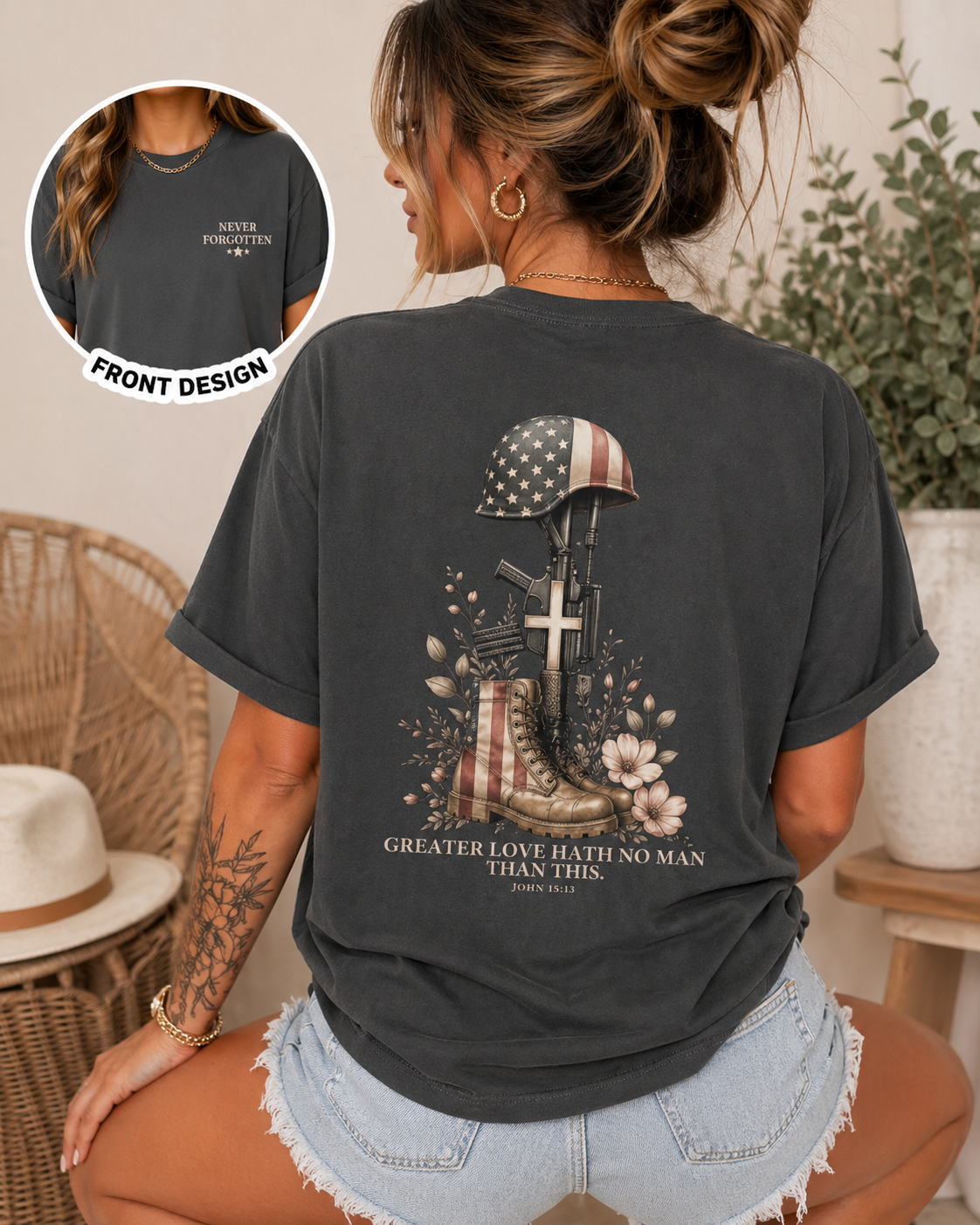 Greater Love Memorial Shirt – Comfort Colors Tee | Christian Patriotic Shirt | Memorial Day Shirt | Never Forgotten Tee