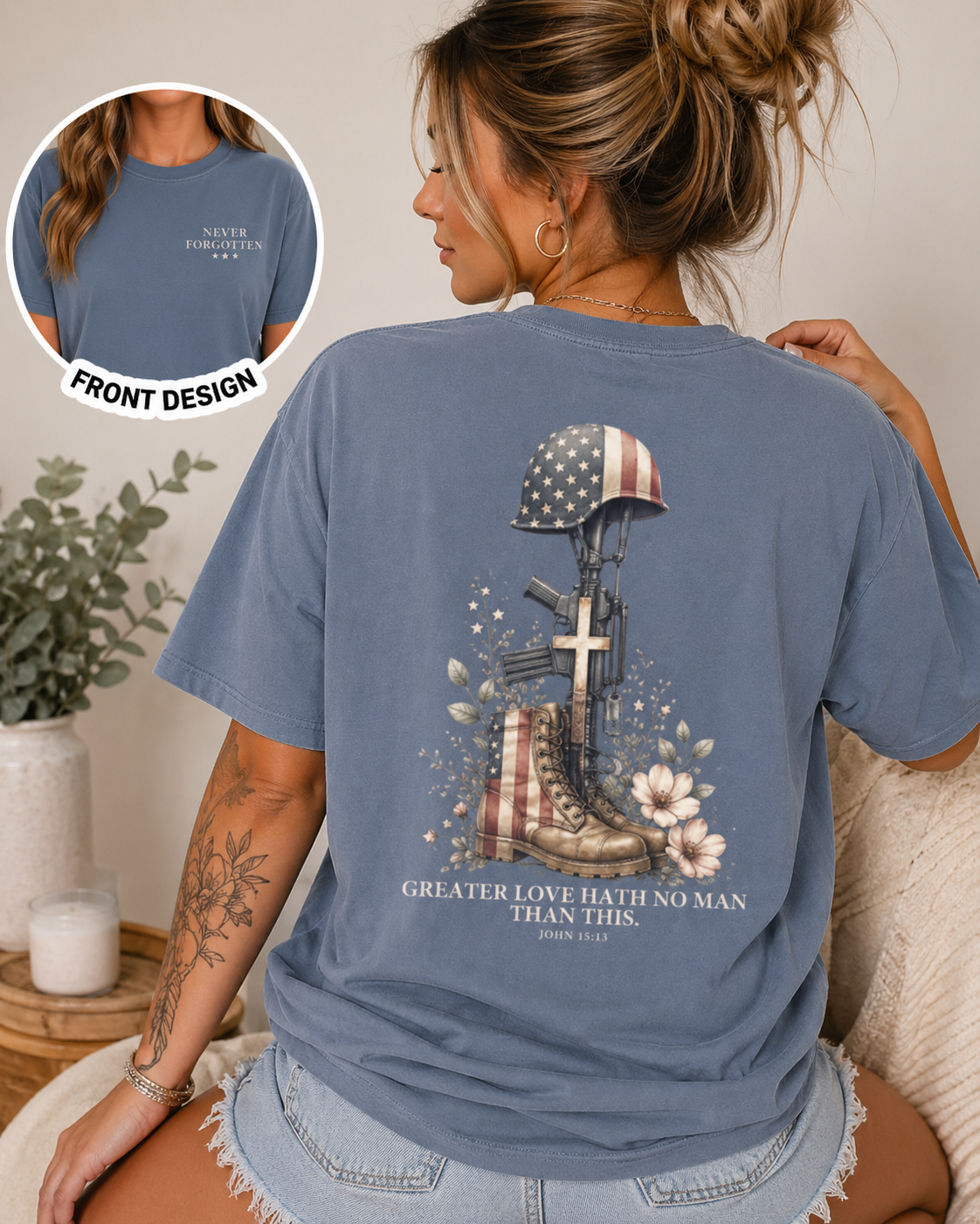 Greater Love Memorial Shirt – Comfort Colors Tee | Christian Patriotic Shirt | Memorial Day Shirt | Never Forgotten Tee