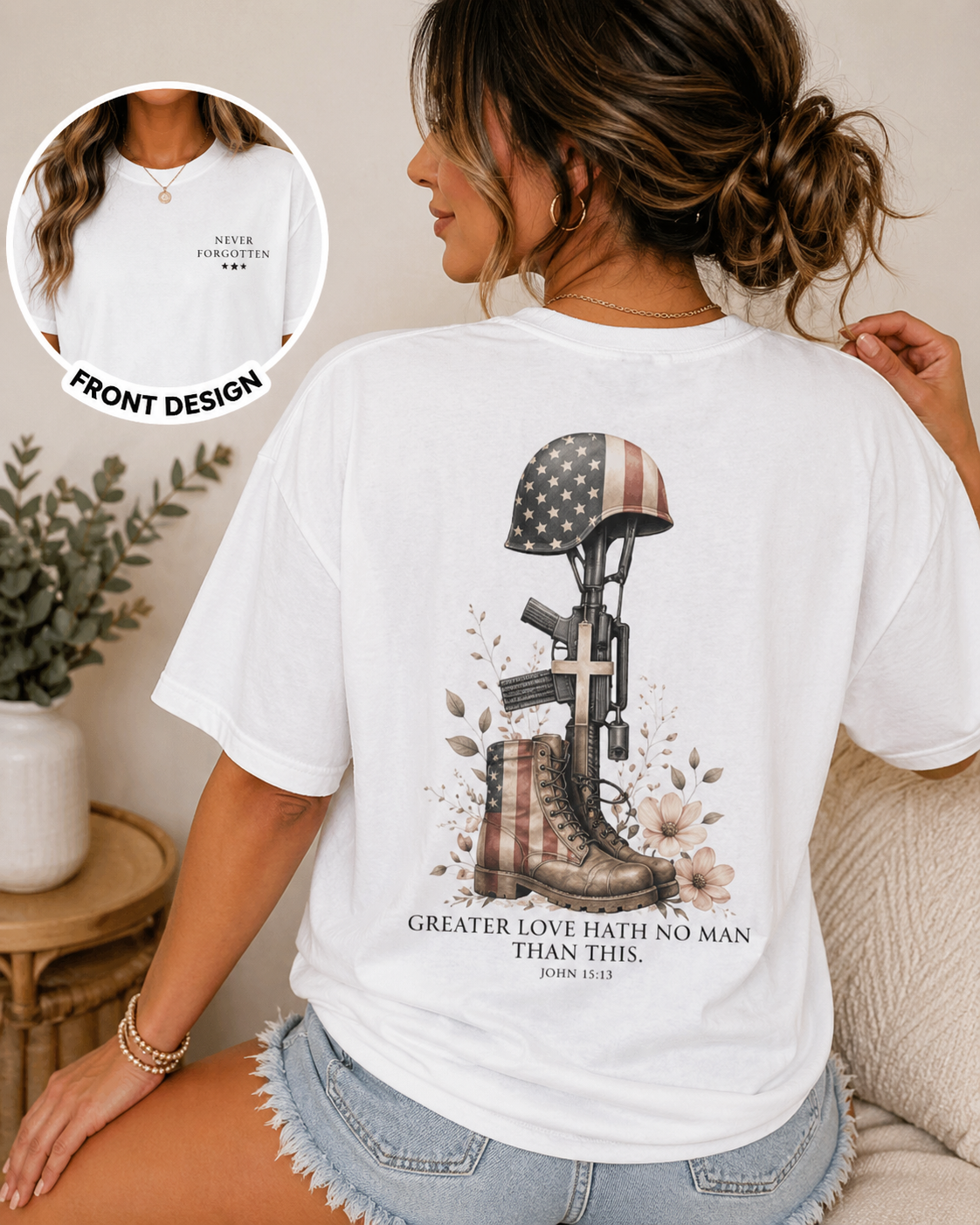 Greater Love Memorial Shirt – Comfort Colors Tee | Christian Patriotic Shirt | Memorial Day Shirt | Never Forgotten Tee