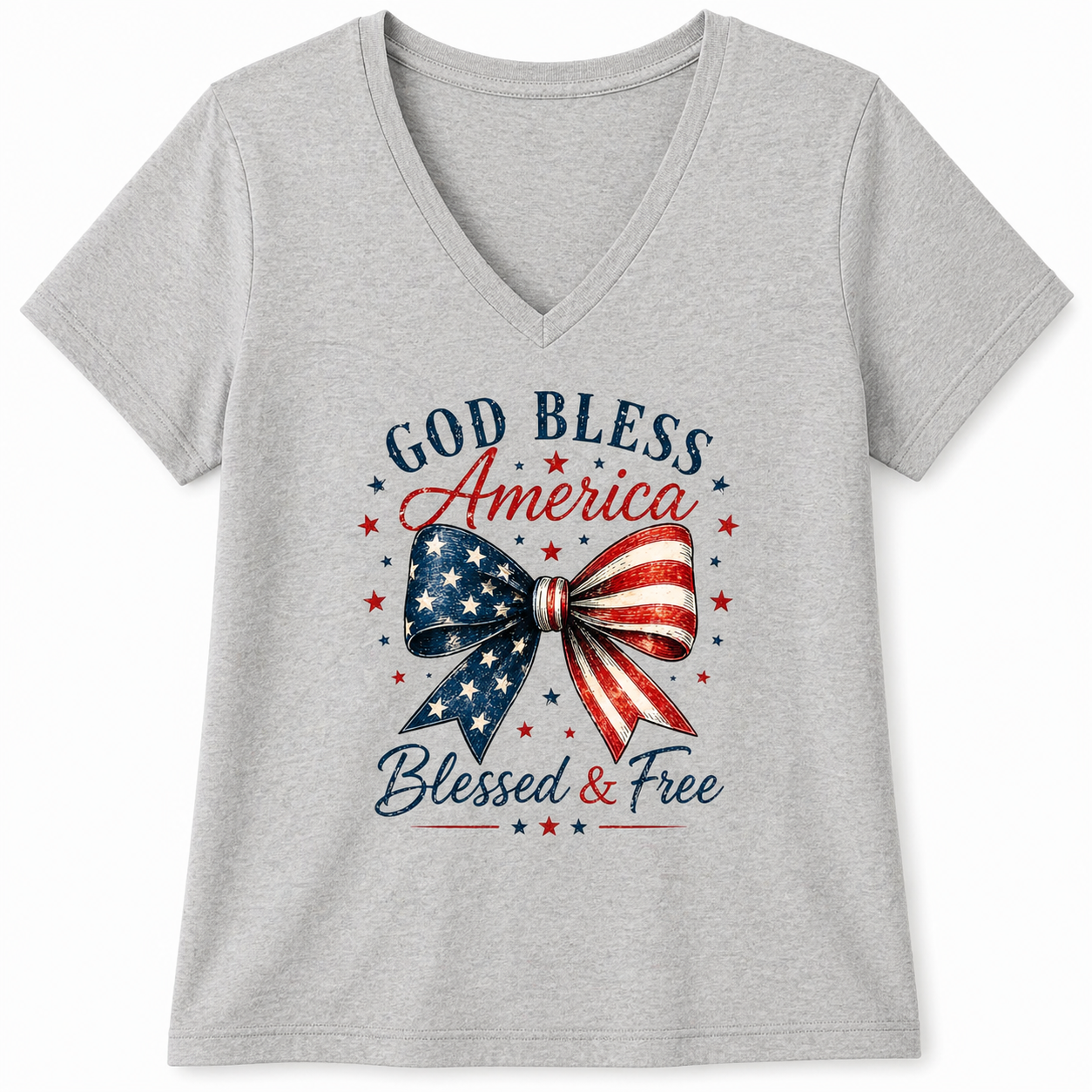 God Bless America Bow V-Neck Tee – Blessed & Free Patriotic Shirt, Women’s Soft V Neck T-Shirt
