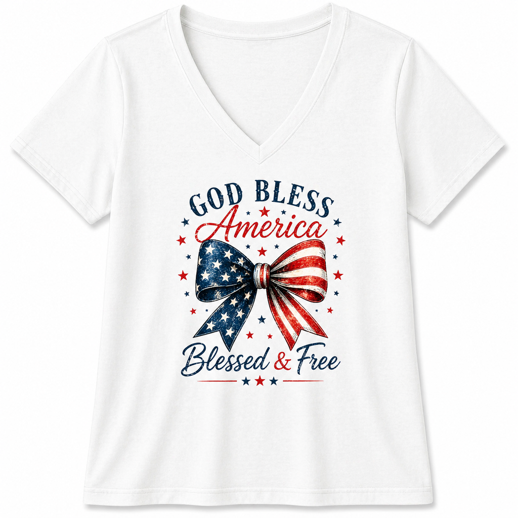 God Bless America Bow V-Neck Tee – Blessed & Free Patriotic Shirt, Women’s Soft V Neck T-Shirt