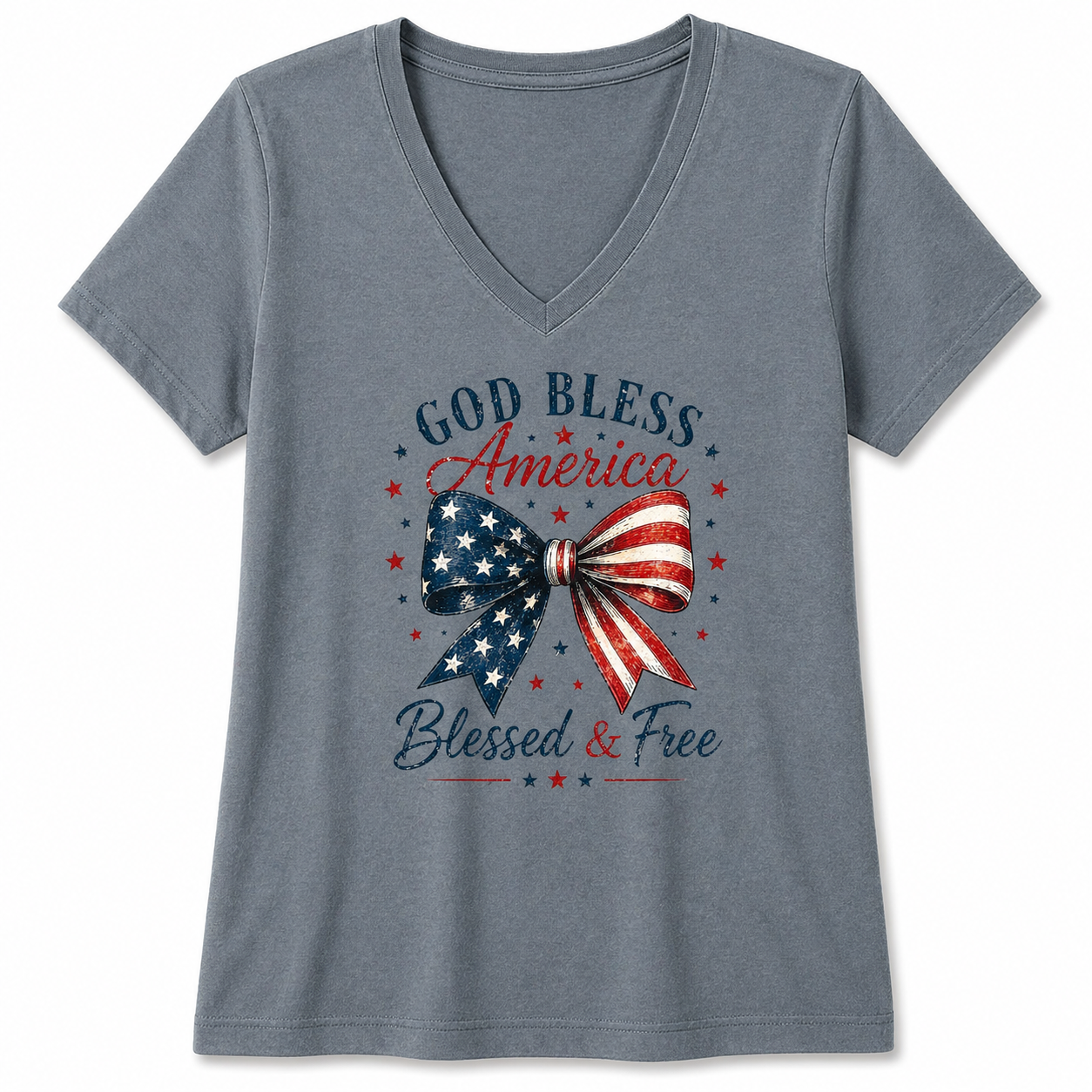 God Bless America Bow V-Neck Tee – Blessed & Free Patriotic Shirt, Women’s Soft V Neck T-Shirt