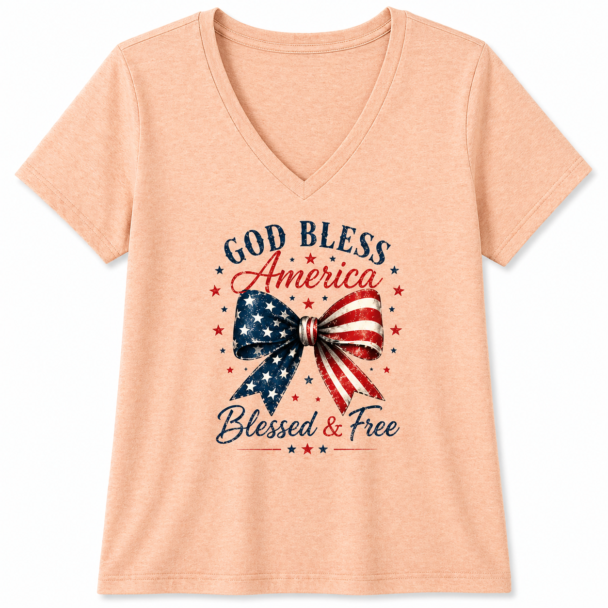 God Bless America Bow V-Neck Tee – Blessed & Free Patriotic Shirt, Women’s Soft V Neck T-Shirt