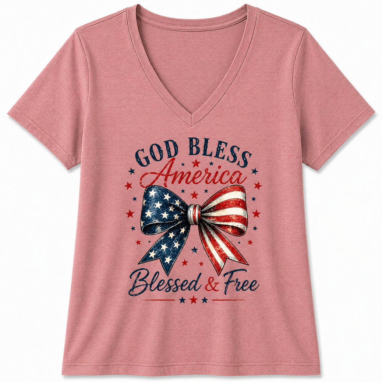 God Bless America Bow V-Neck Tee – Blessed & Free Patriotic Shirt, Women’s Soft V Neck T-Shirt