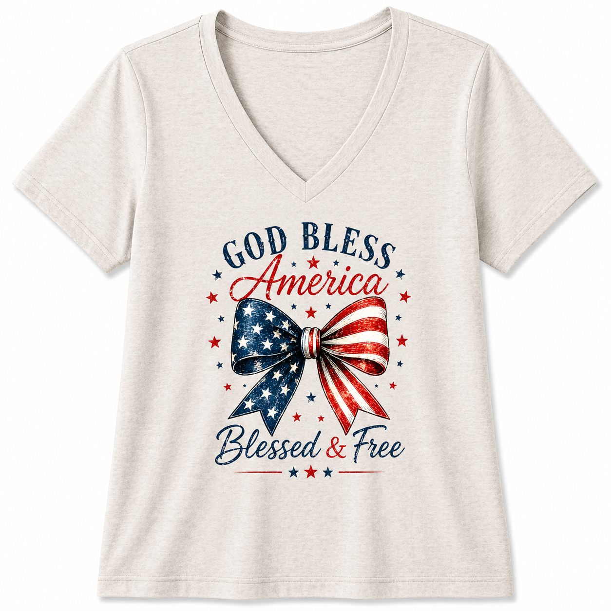 God Bless America Bow V-Neck Tee – Blessed & Free Patriotic Shirt, Women’s Soft V Neck T-Shirt