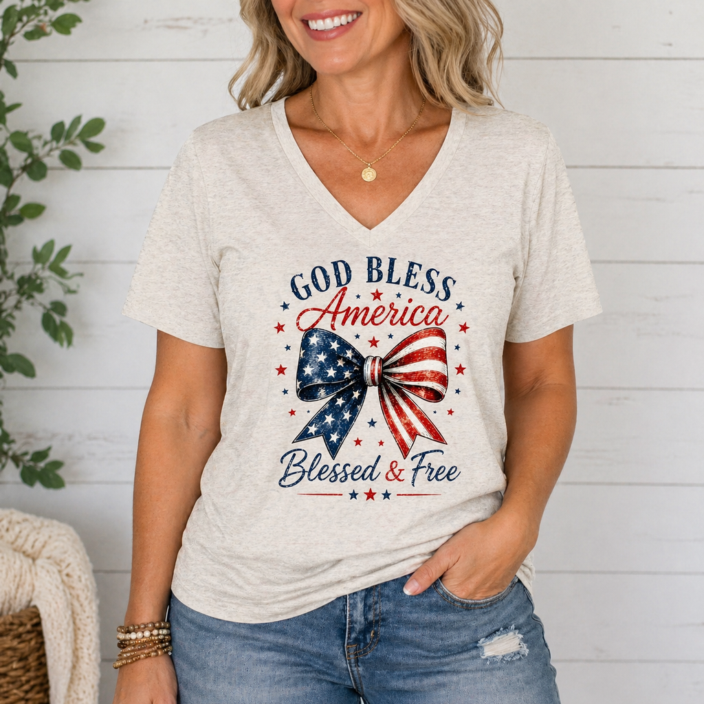 God Bless America Bow V-Neck Tee – Blessed & Free Patriotic Shirt, Women’s Soft V Neck T-Shirt