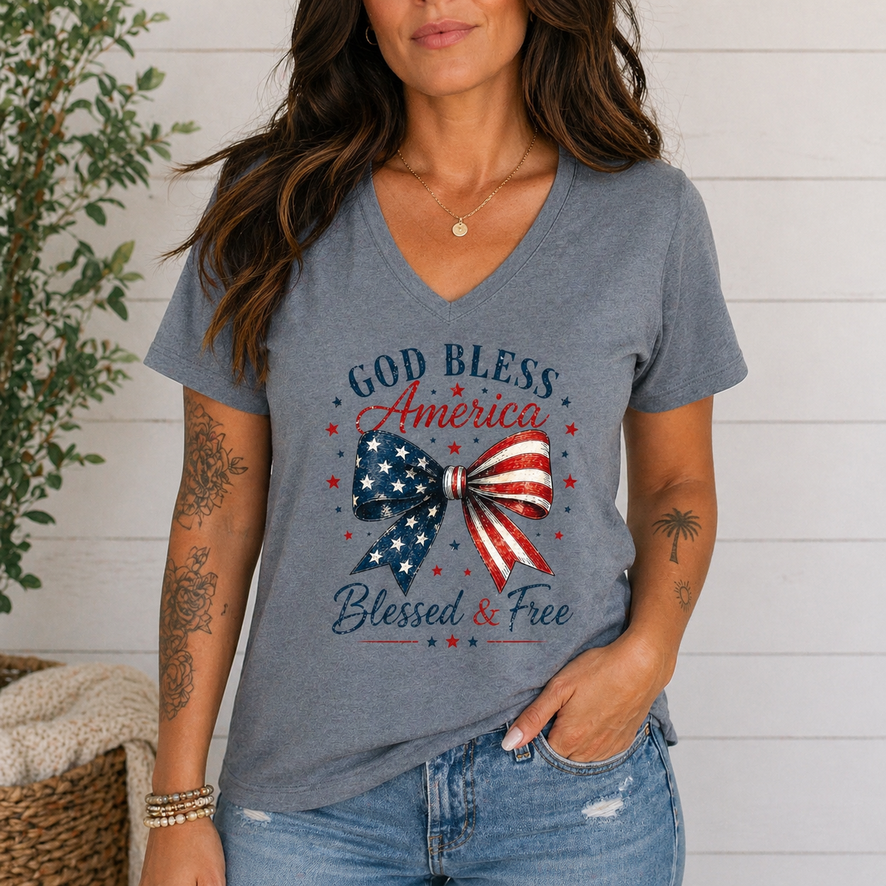 God Bless America Bow V-Neck Tee – Blessed & Free Patriotic Shirt, Women’s Soft V Neck T-Shirt