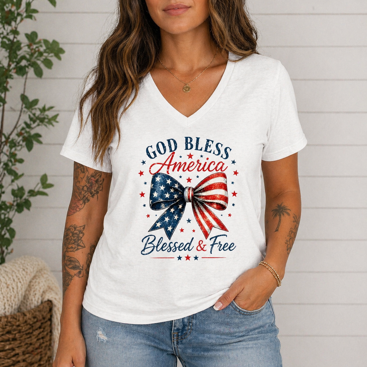 God Bless America Bow V-Neck Tee – Blessed & Free Patriotic Shirt, Women’s Soft V Neck T-Shirt