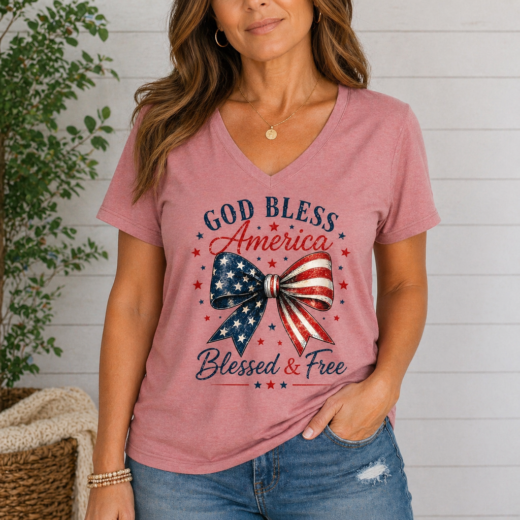 God Bless America Bow V-Neck Tee – Blessed & Free Patriotic Shirt, Women’s Soft V Neck T-Shirt