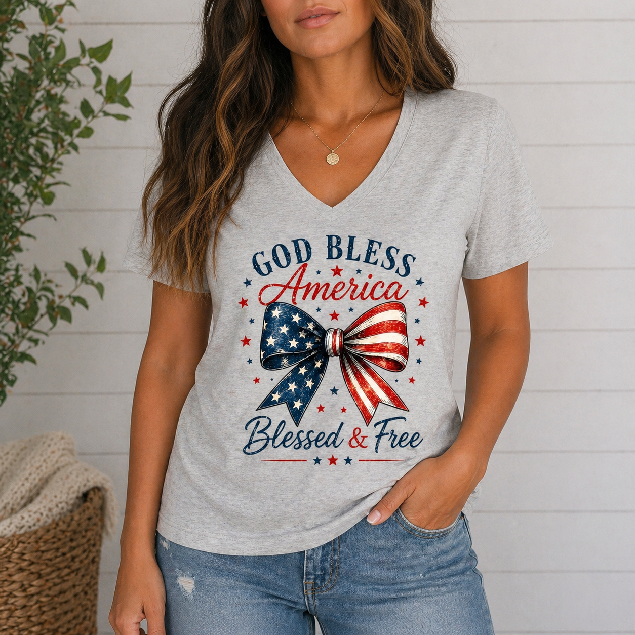 God Bless America Bow V-Neck Tee – Blessed & Free Patriotic Shirt, Women’s Soft V Neck T-Shirt