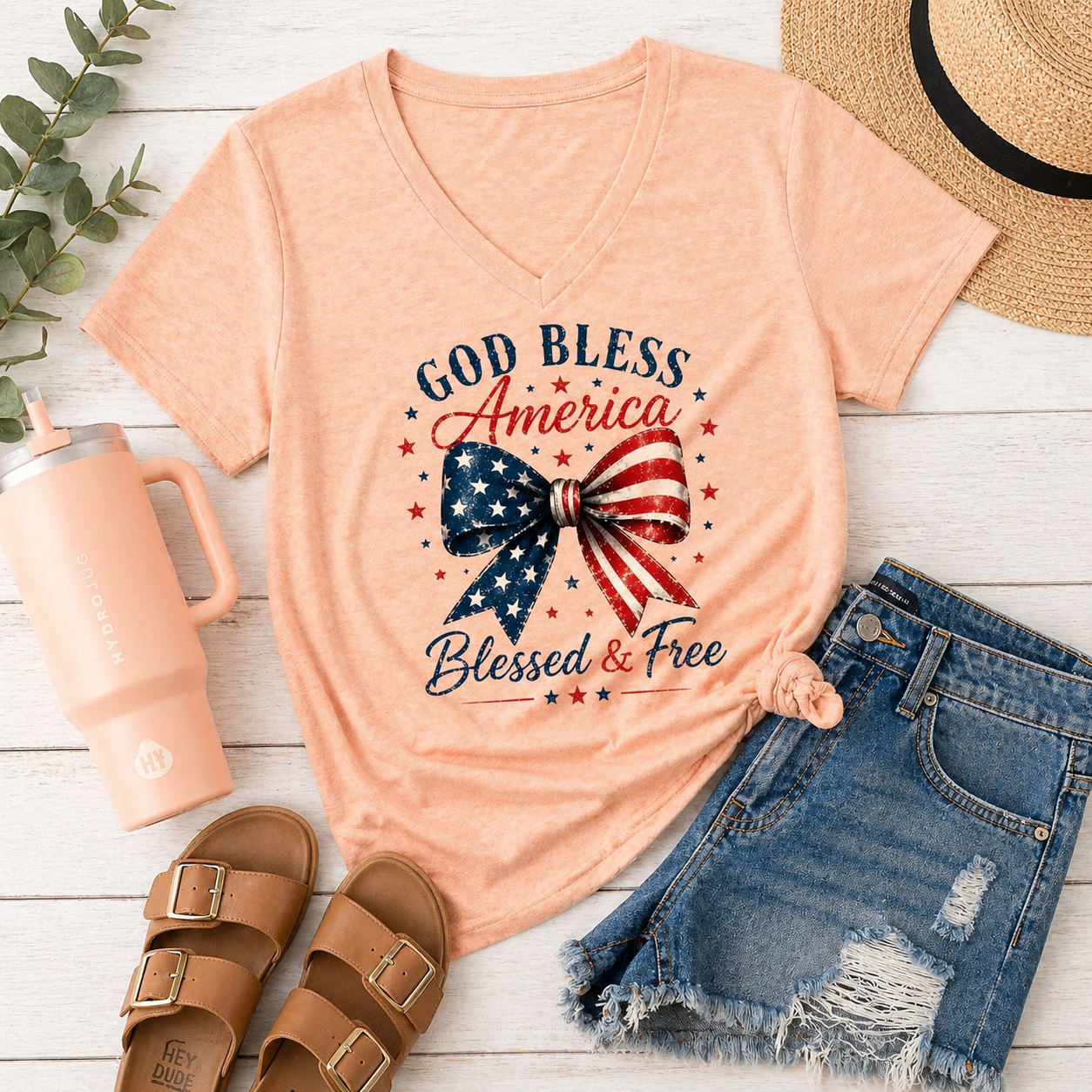 God Bless America Bow V-Neck Tee – Blessed & Free Patriotic Shirt, Women’s Soft V Neck T-Shirt