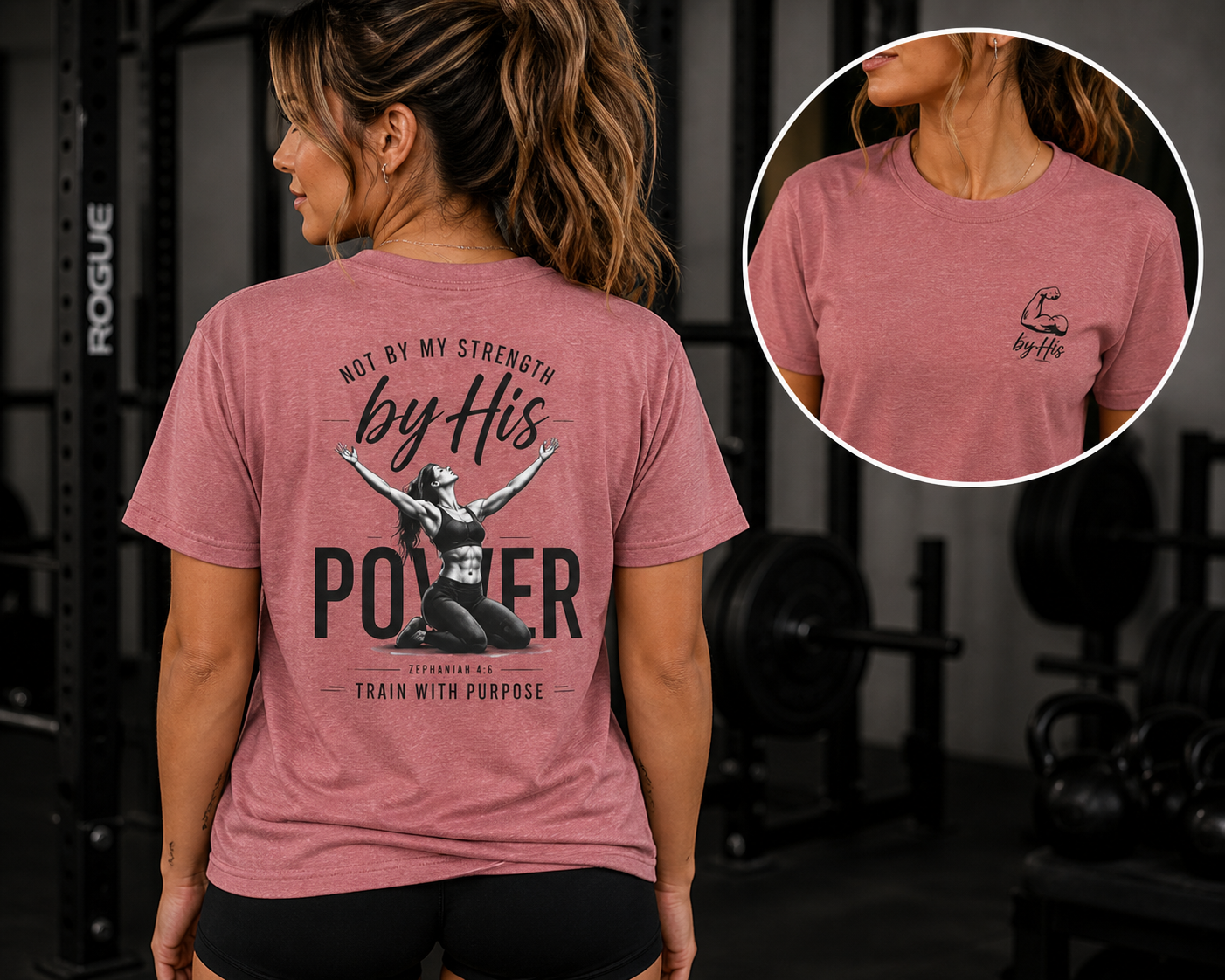 Not By My Strength By His Power Shirt | Christian Gym Tee | Faith Workout Shirt | Bella Canvas Back Print Shirt