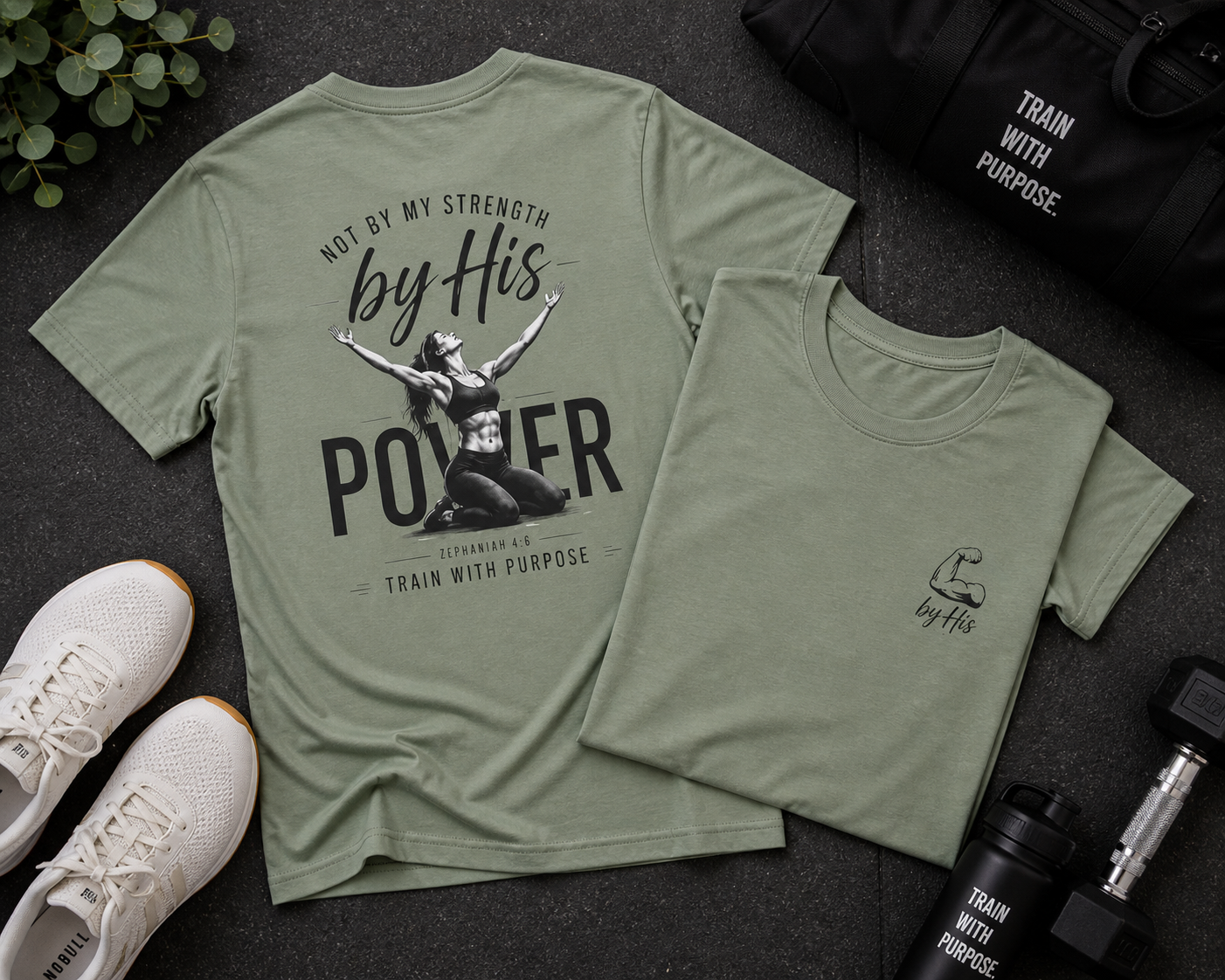 Not By My Strength By His Power Shirt | Christian Gym Tee | Faith Workout Shirt | Bella Canvas Back Print Shirt