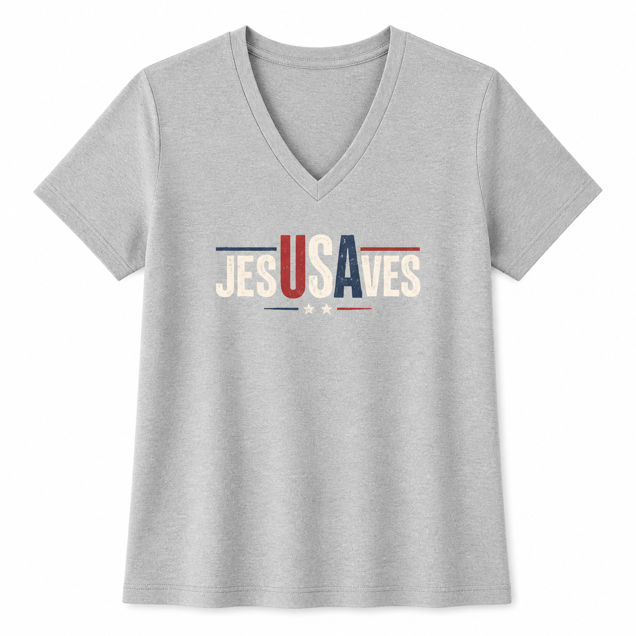 Jesus Saves V-Neck Tee — Patriotic Christian Women’s Shirt