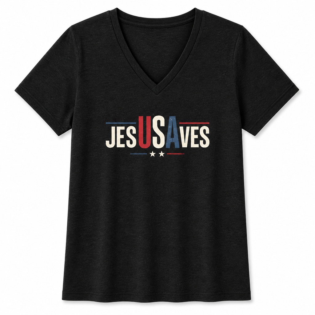 Jesus Saves V-Neck Tee — Patriotic Christian Women’s Shirt