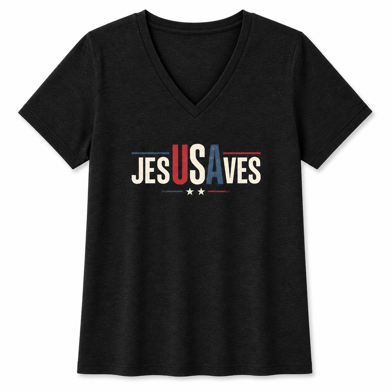 Jesus Saves V-Neck Tee — Patriotic Christian Women’s Shirt