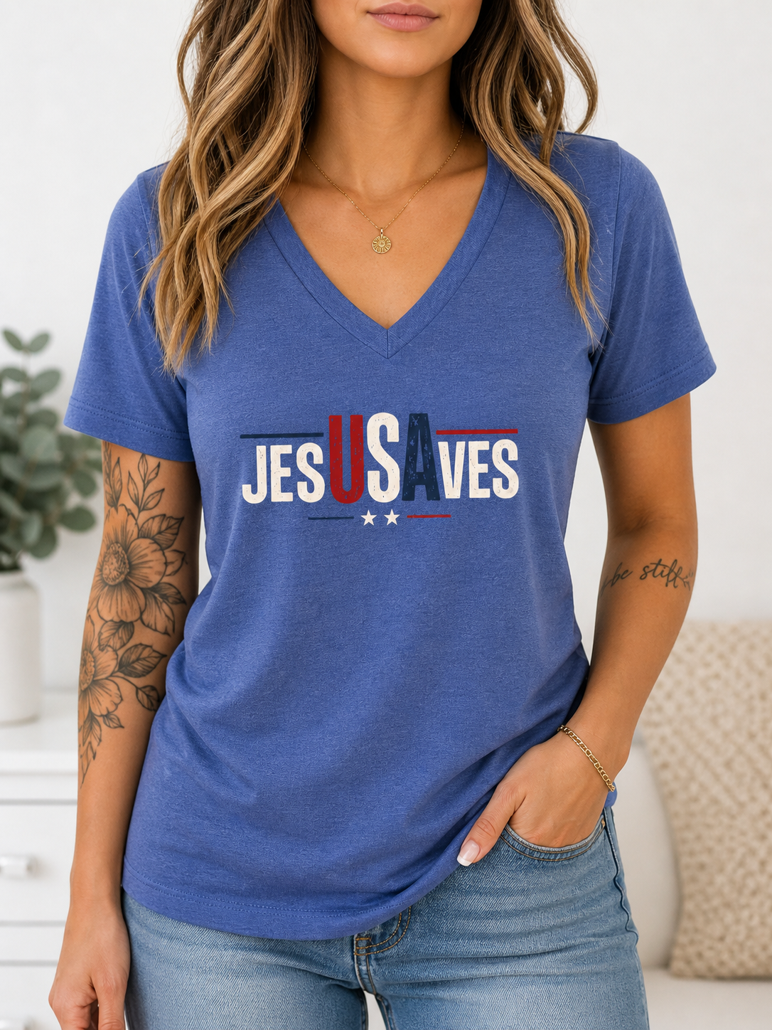 Jesus Saves V-Neck Tee — Patriotic Christian Women’s Shirt
