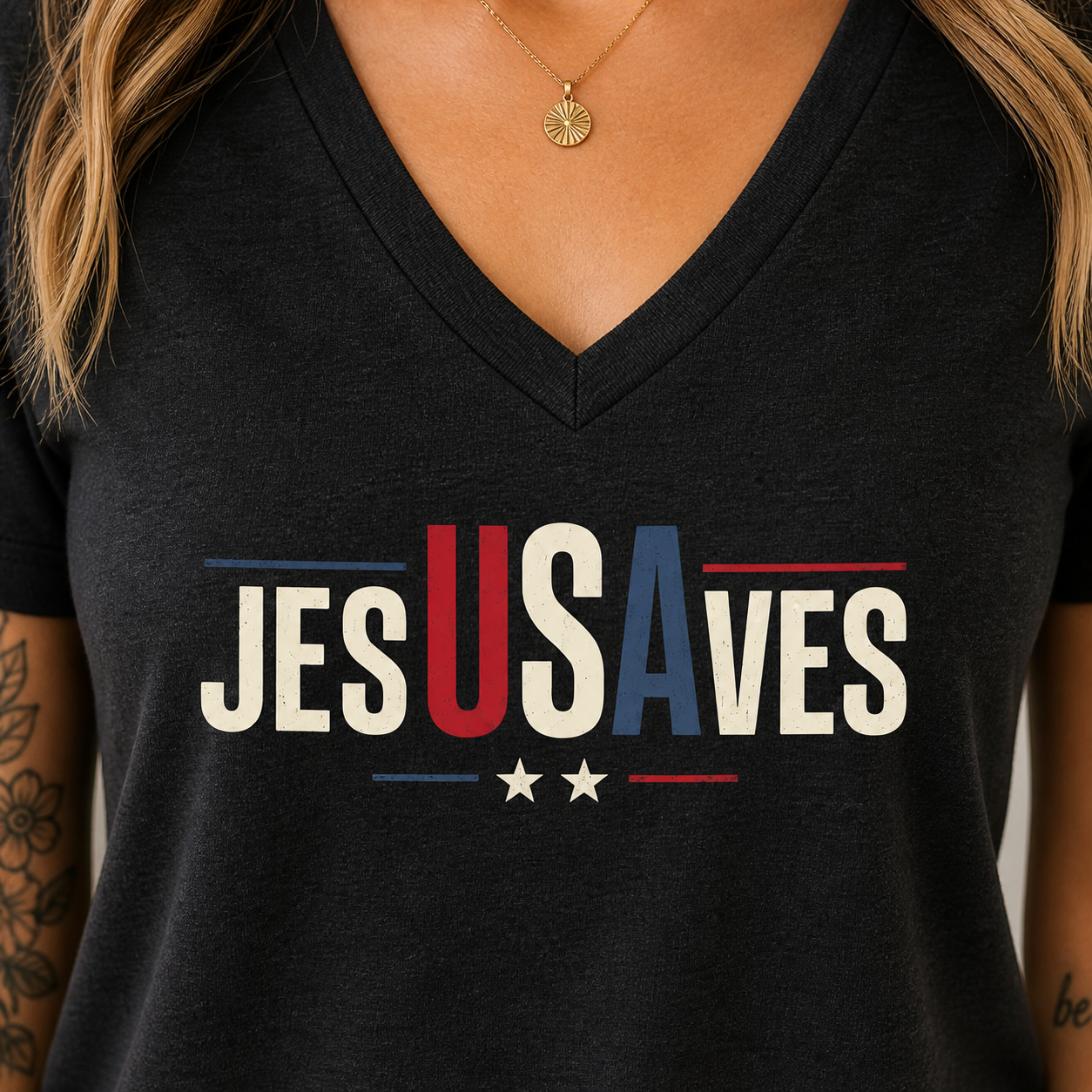 Jesus Saves V-Neck Tee — Patriotic Christian Women’s Shirt