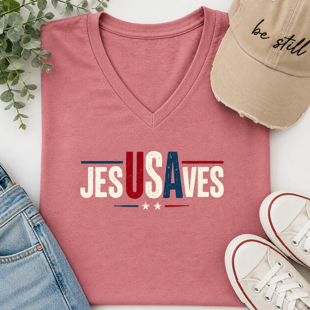 Jesus Saves V-Neck Tee — Patriotic Christian Women’s Shirt