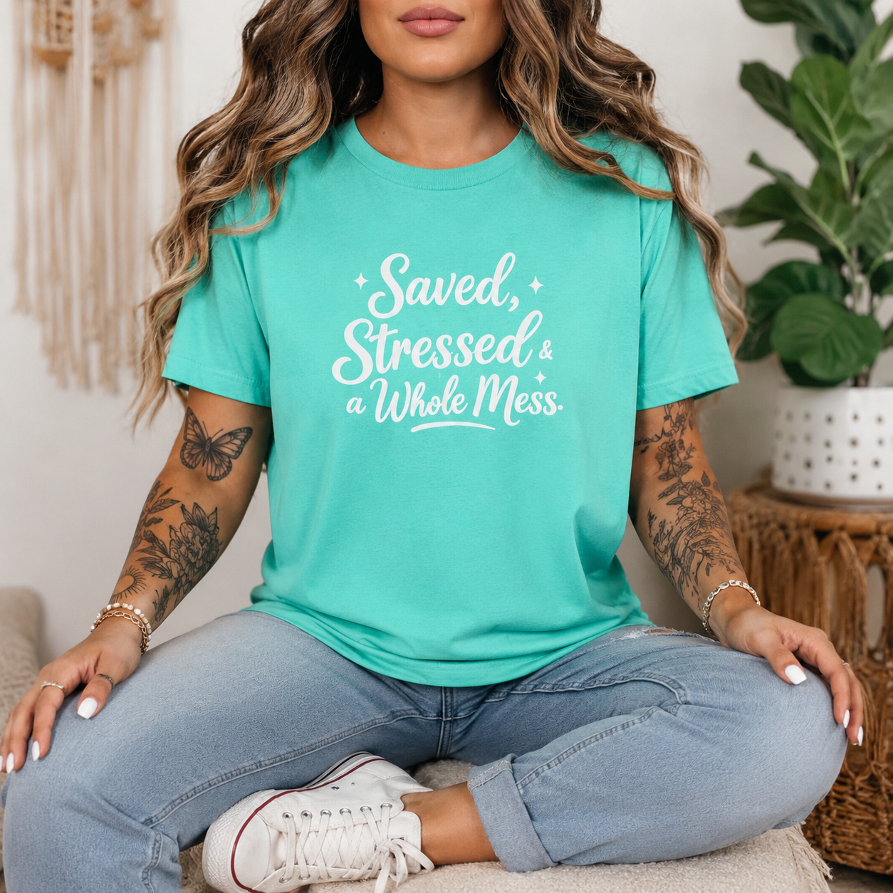 Saved, Stressed & a Whole Mess Tee | Faith + Real Life Graphic Shirt