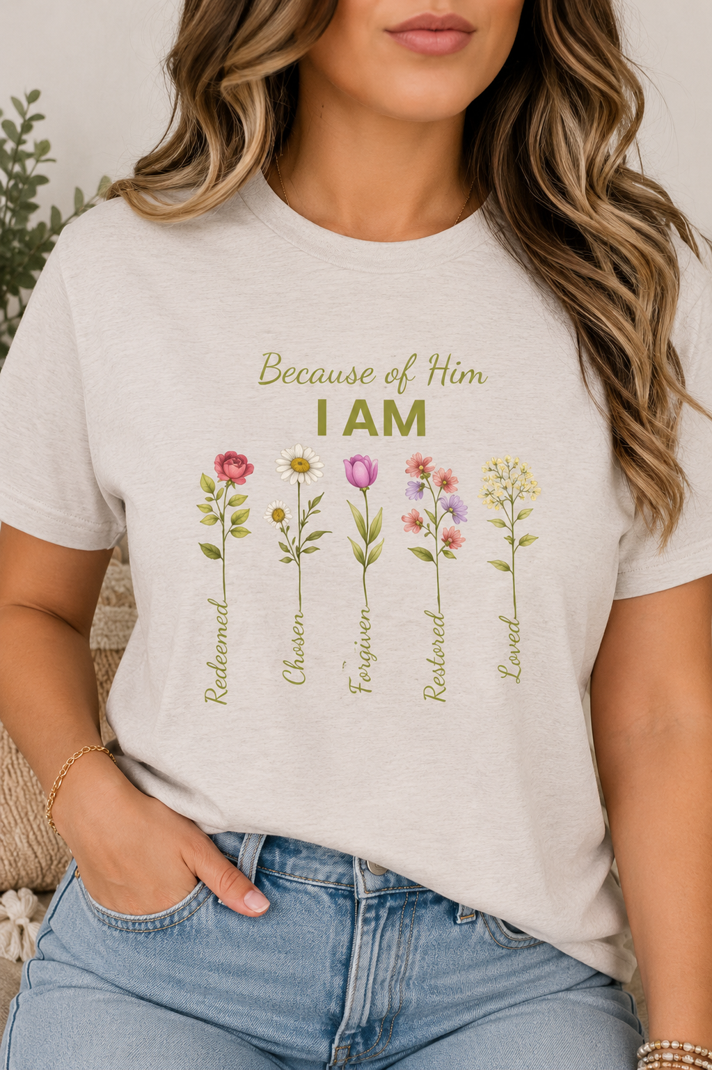 Christian Floral "Because of Him I Am" T‑Shirt