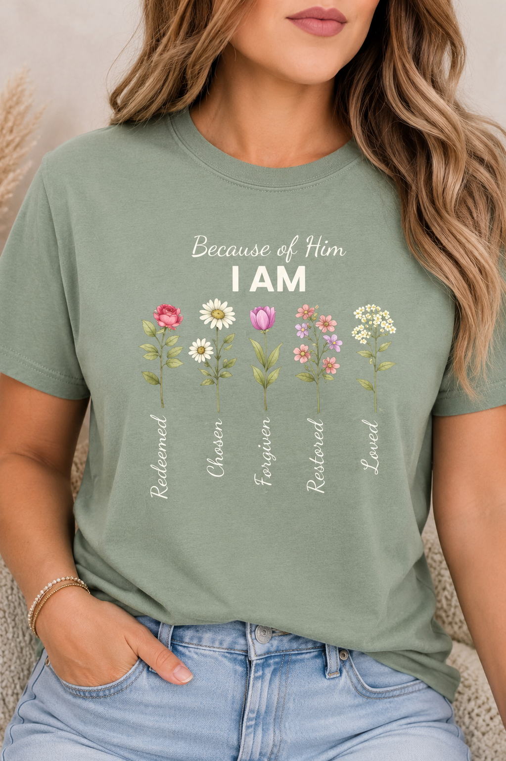 Christian Floral "Because of Him I Am" T‑Shirt