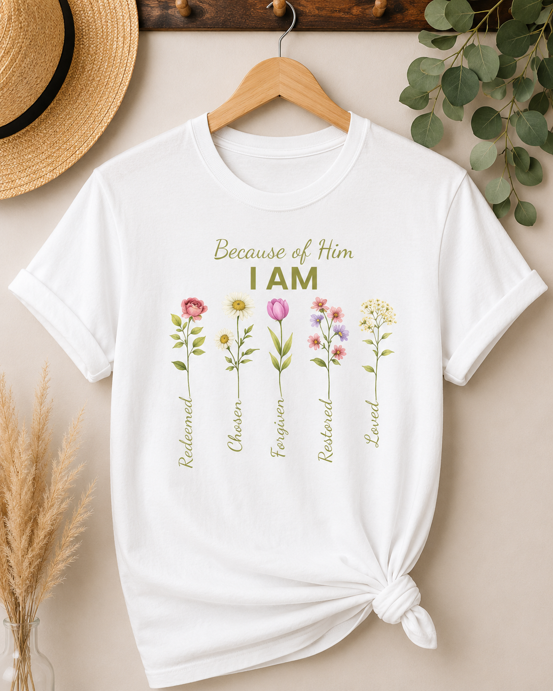 Christian Floral "Because of Him I Am" T‑Shirt