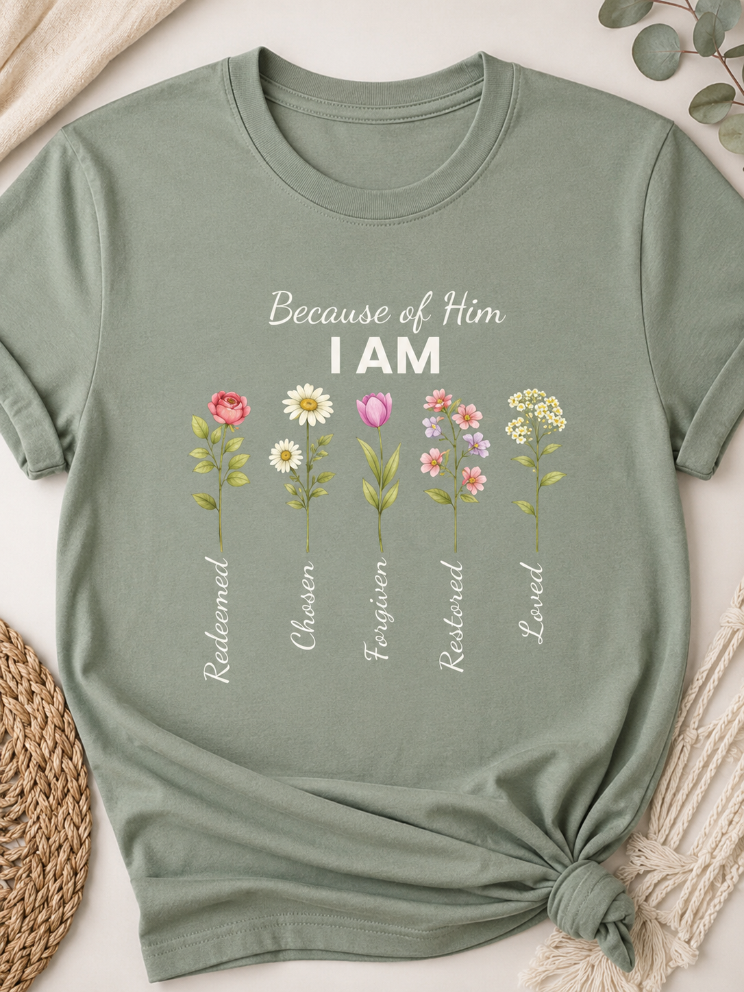 Christian Floral "Because of Him I Am" T‑Shirt