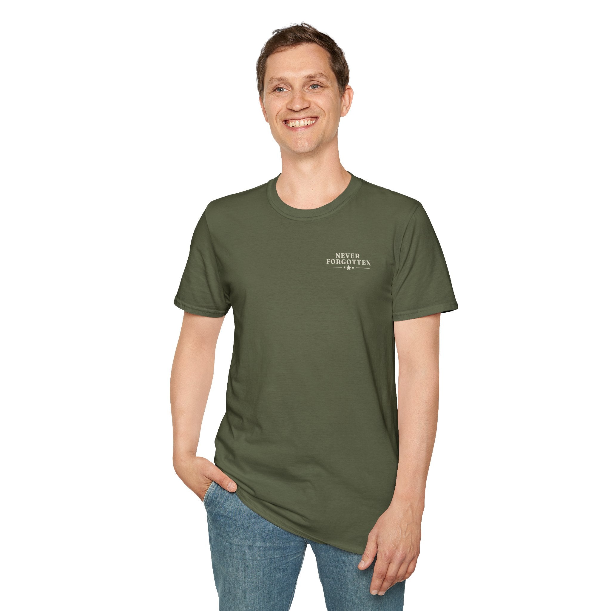 Memorial Military T-Shirt — "Never Forgotten" Fallen Soldier Tribute