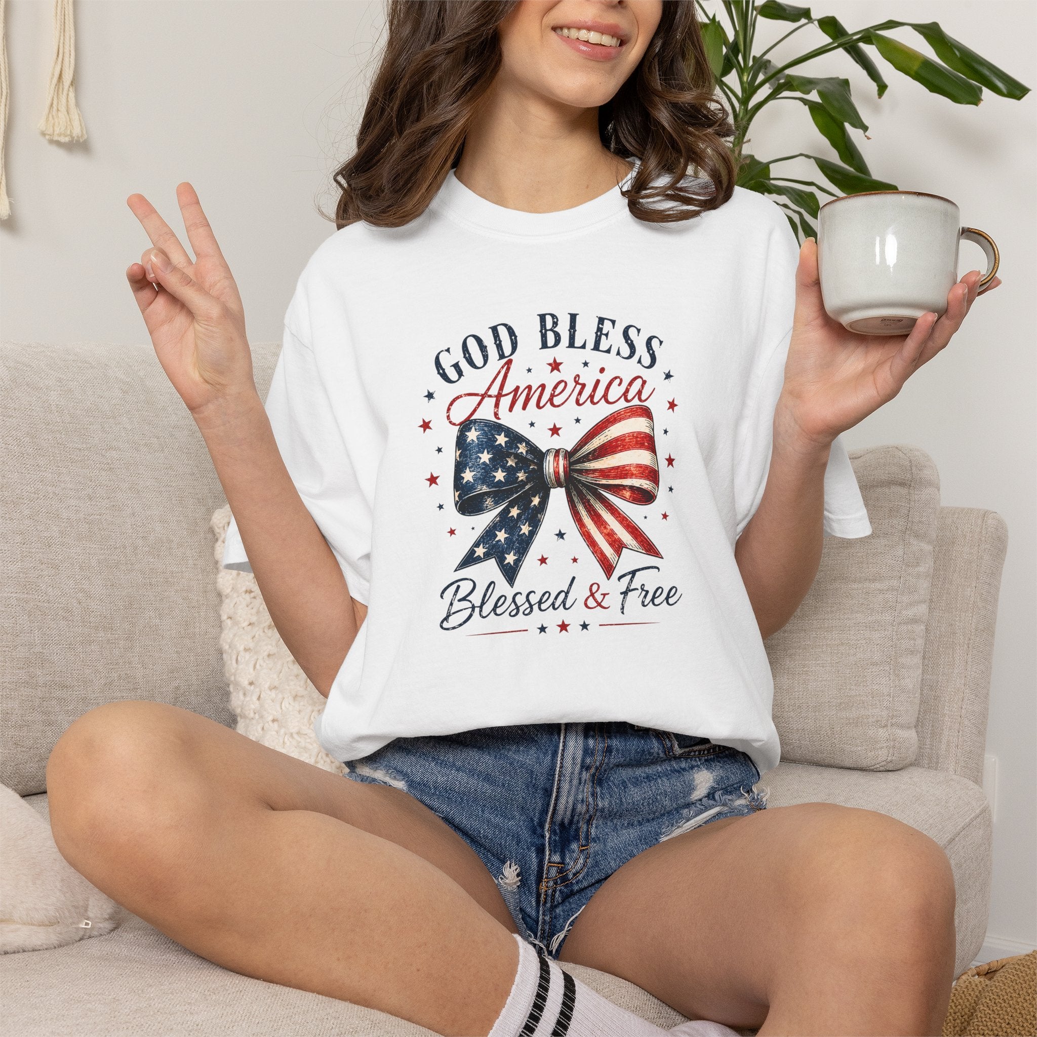 God Bless America Bow T-Shirt | Comfort Colors Patriotic Tee | Vintage USA Shirt | Faith + Freedom Graphic Tee
