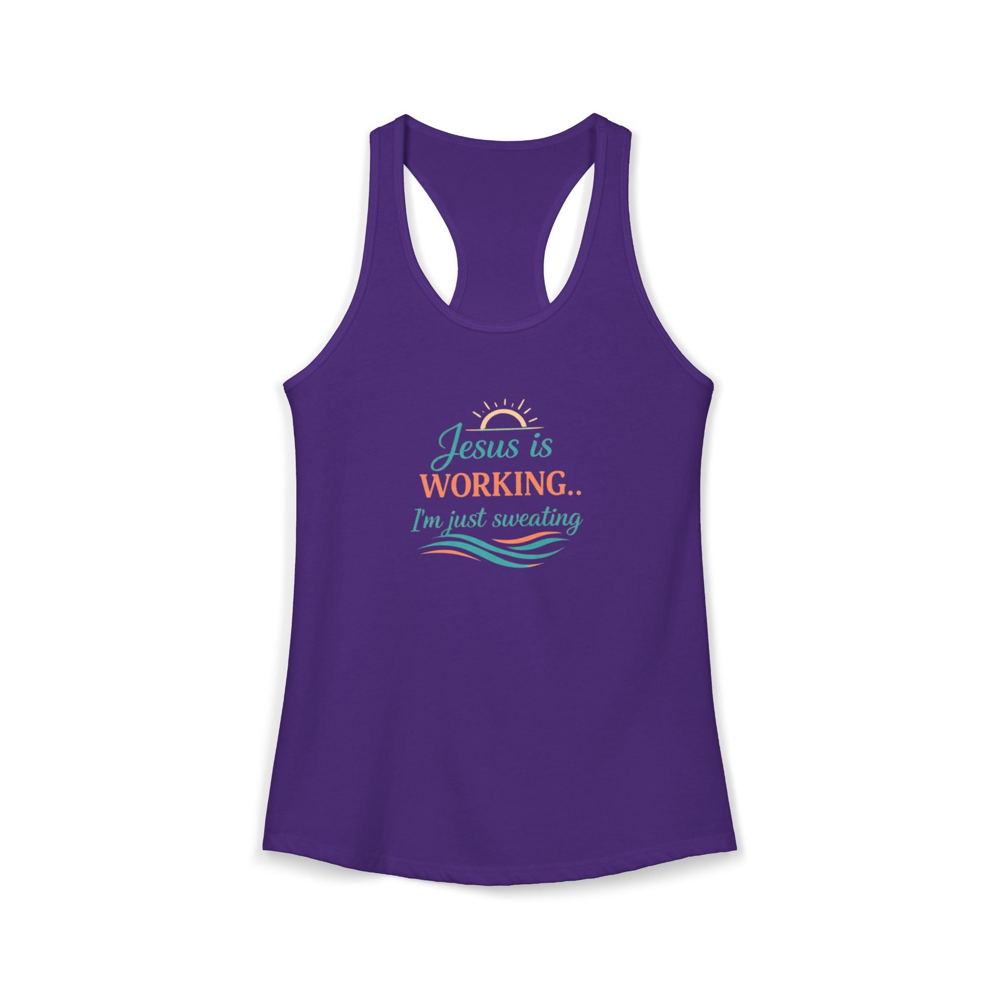 Jesus Is Working I’m Just Sweating Racerback Tank – Funny Faith-Based Summer Tank for Women