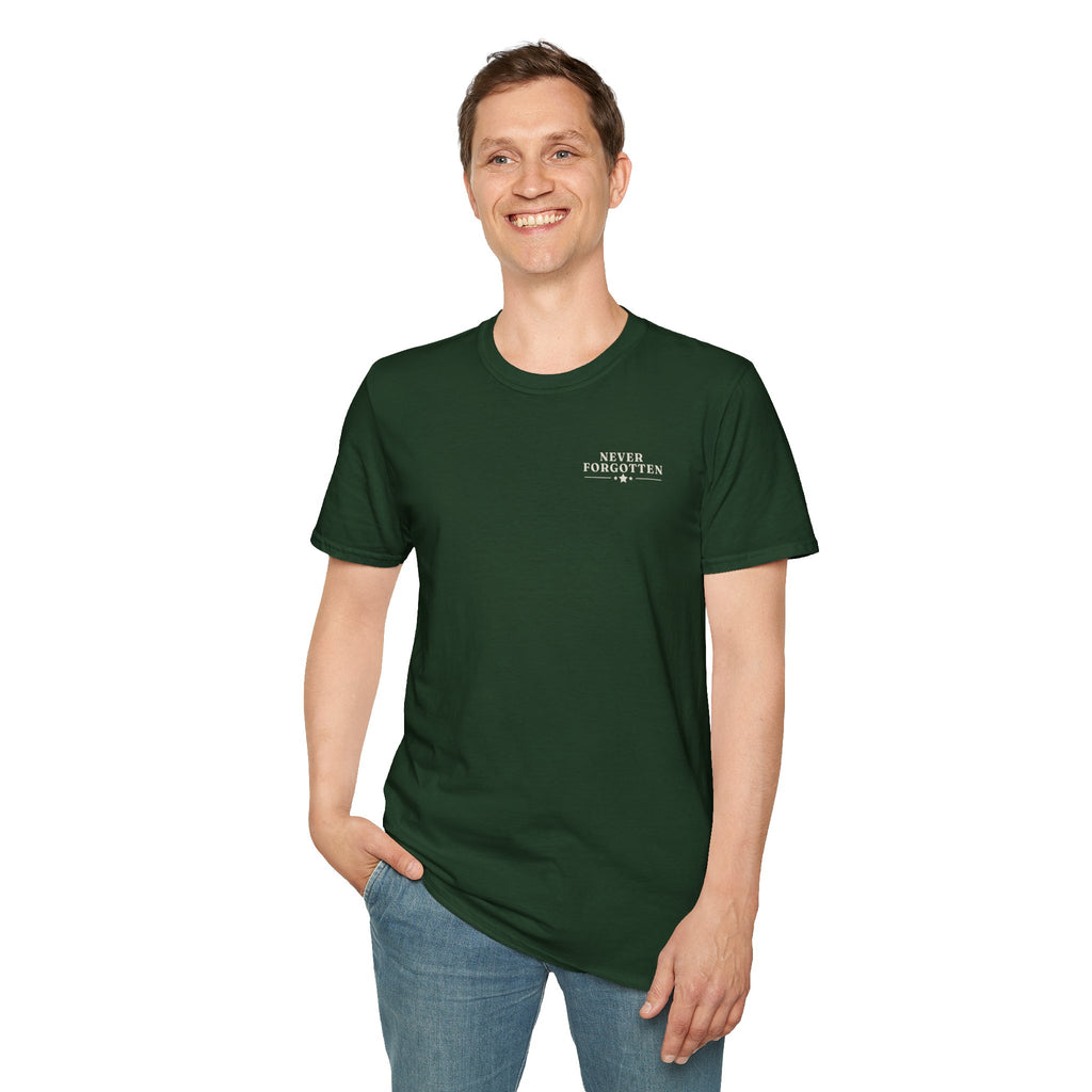 Memorial Military T-Shirt — "Never Forgotten" Fallen Soldier Tribute