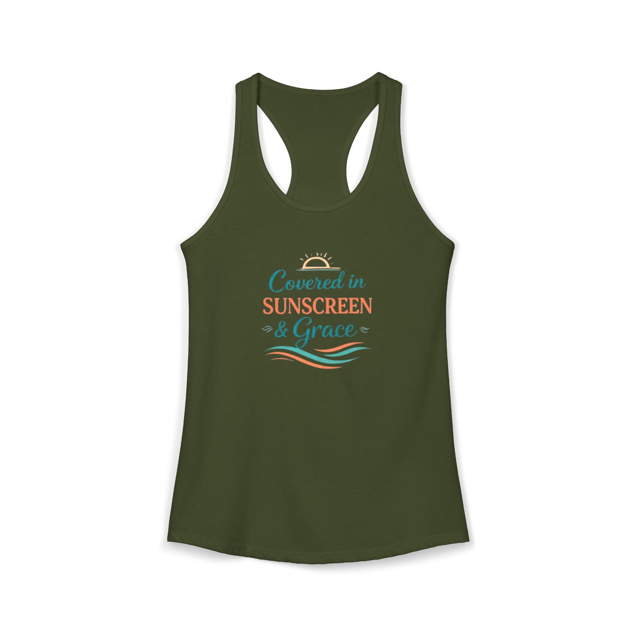 Covered in Sunscreen & Grace Racerback Tank – Faith-Based Summer Beach Tank for Women