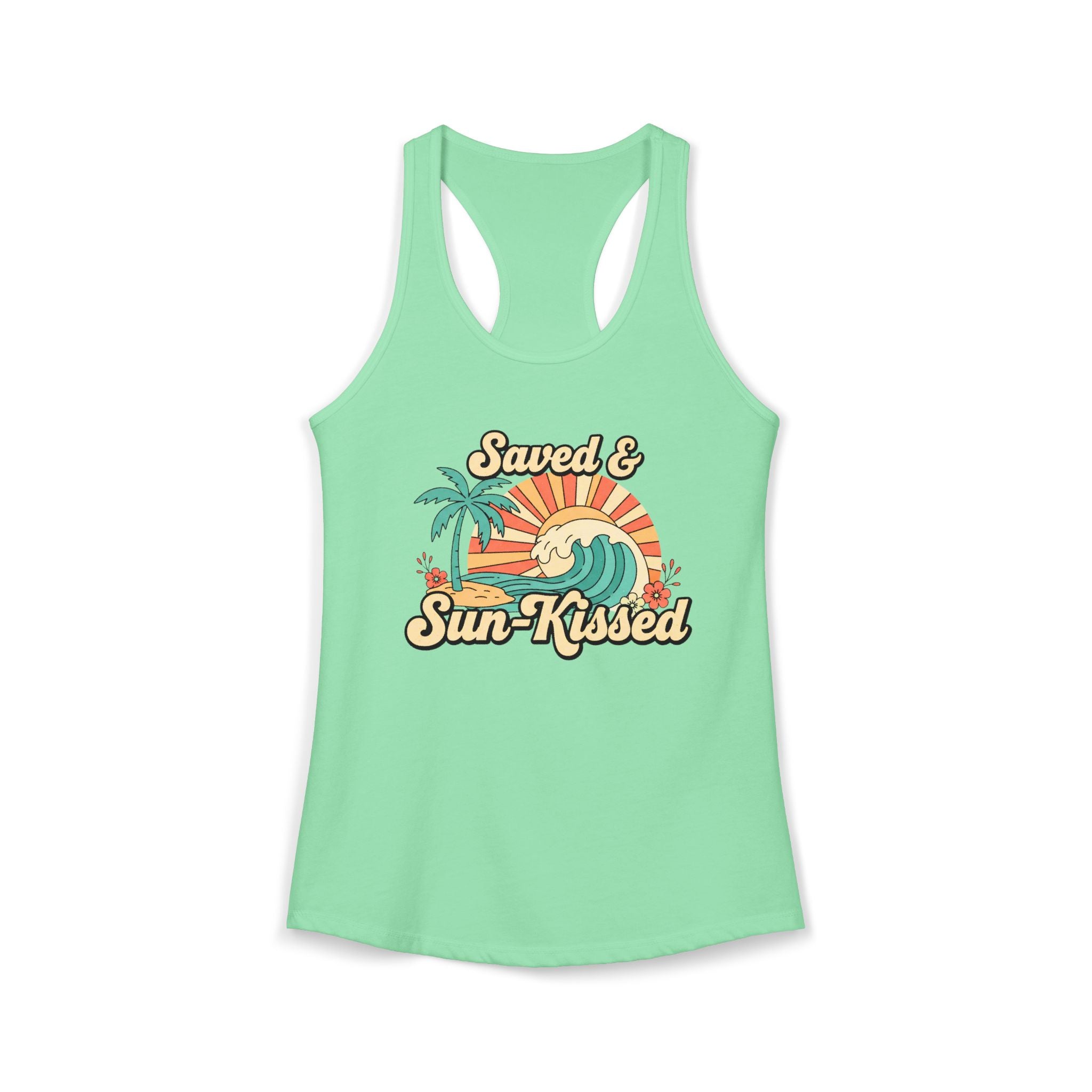 Saved & Sun-Kissed Racerback Tank – Faith-Based Summer Beach Tank for Women