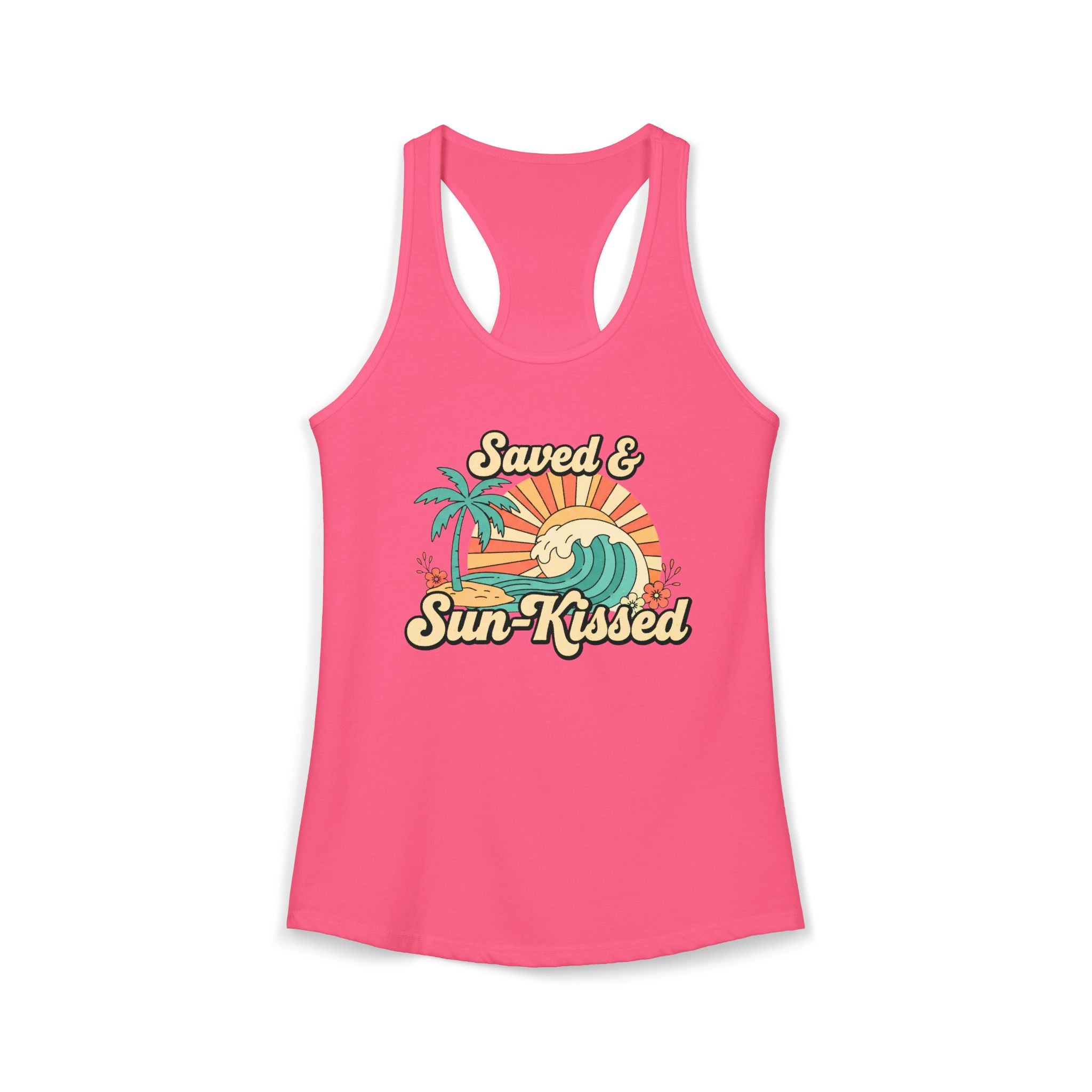 Saved & Sun-Kissed Racerback Tank – Faith-Based Summer Beach Tank for Women