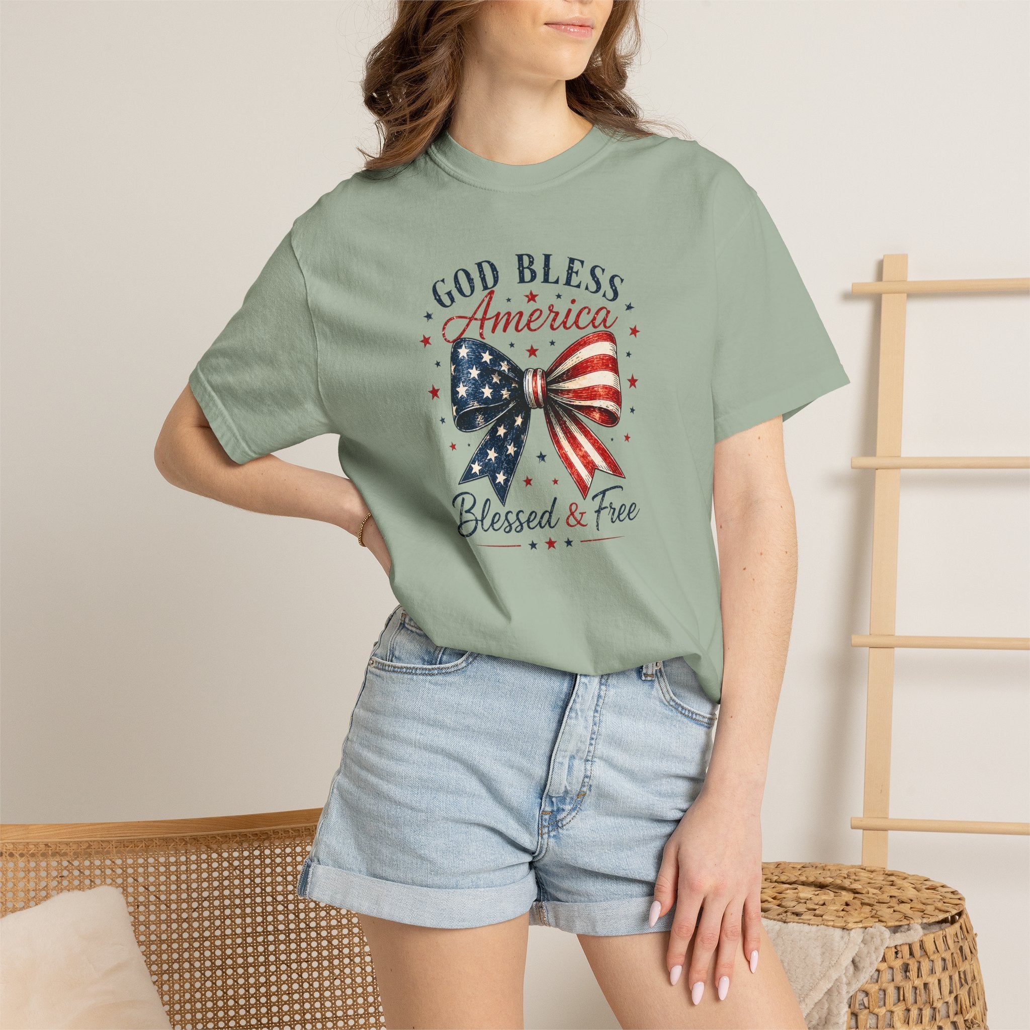 God Bless America Bow T-Shirt | Comfort Colors Patriotic Tee | Vintage USA Shirt | Faith + Freedom Graphic Tee