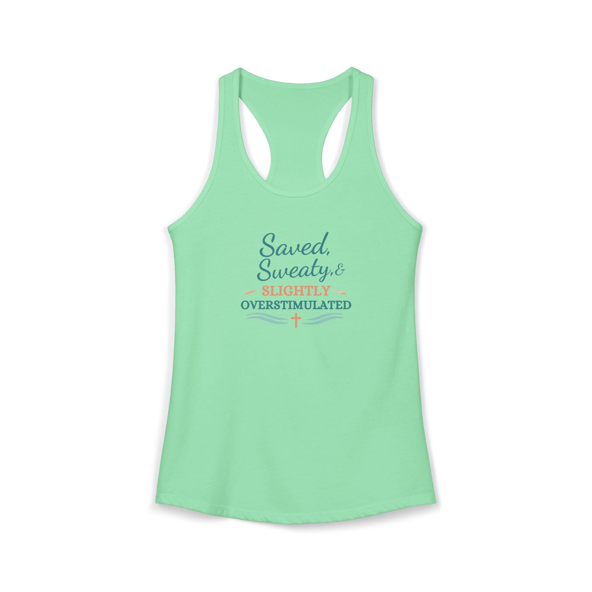 Saved, Sassy & Slightly Overstimulated Racerback Tank – Faith-Based Women’s Summer Top