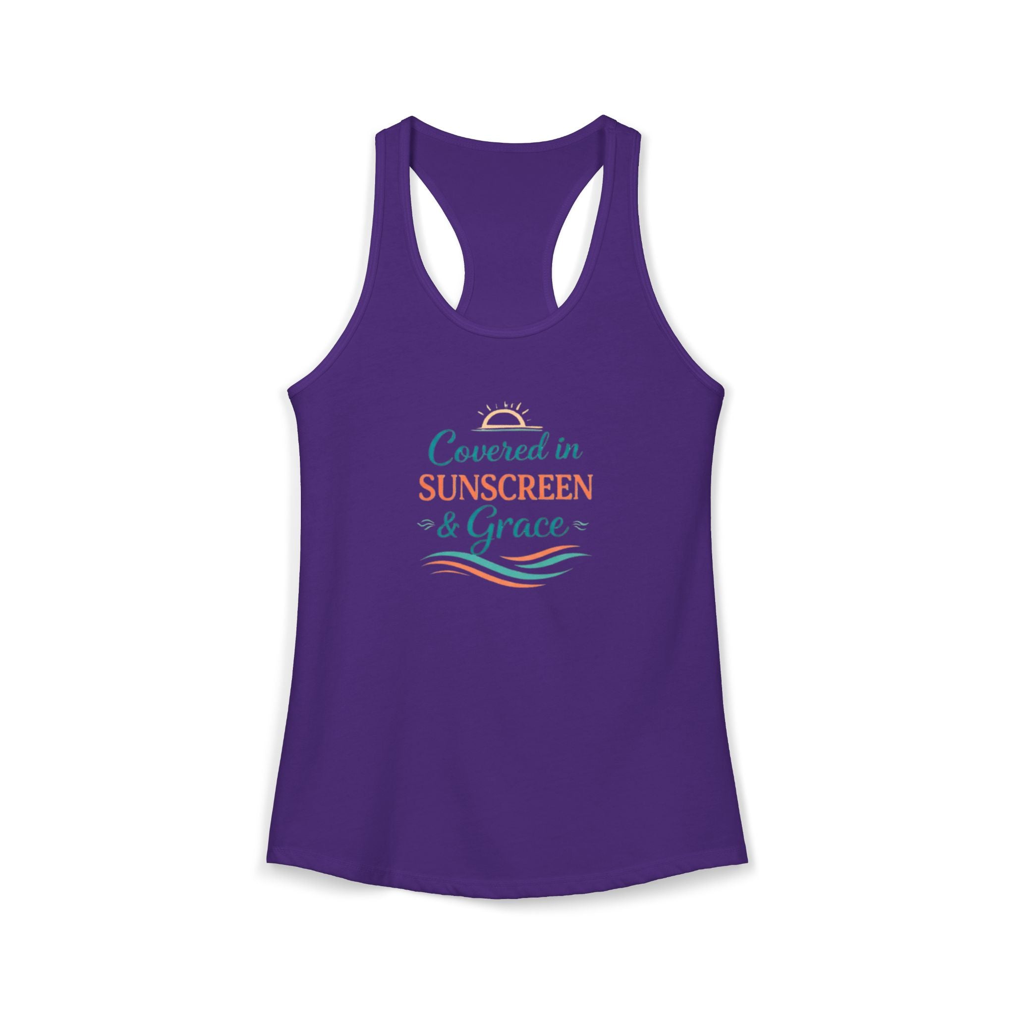Covered in Sunscreen & Grace Racerback Tank – Faith-Based Summer Beach Tank for Women