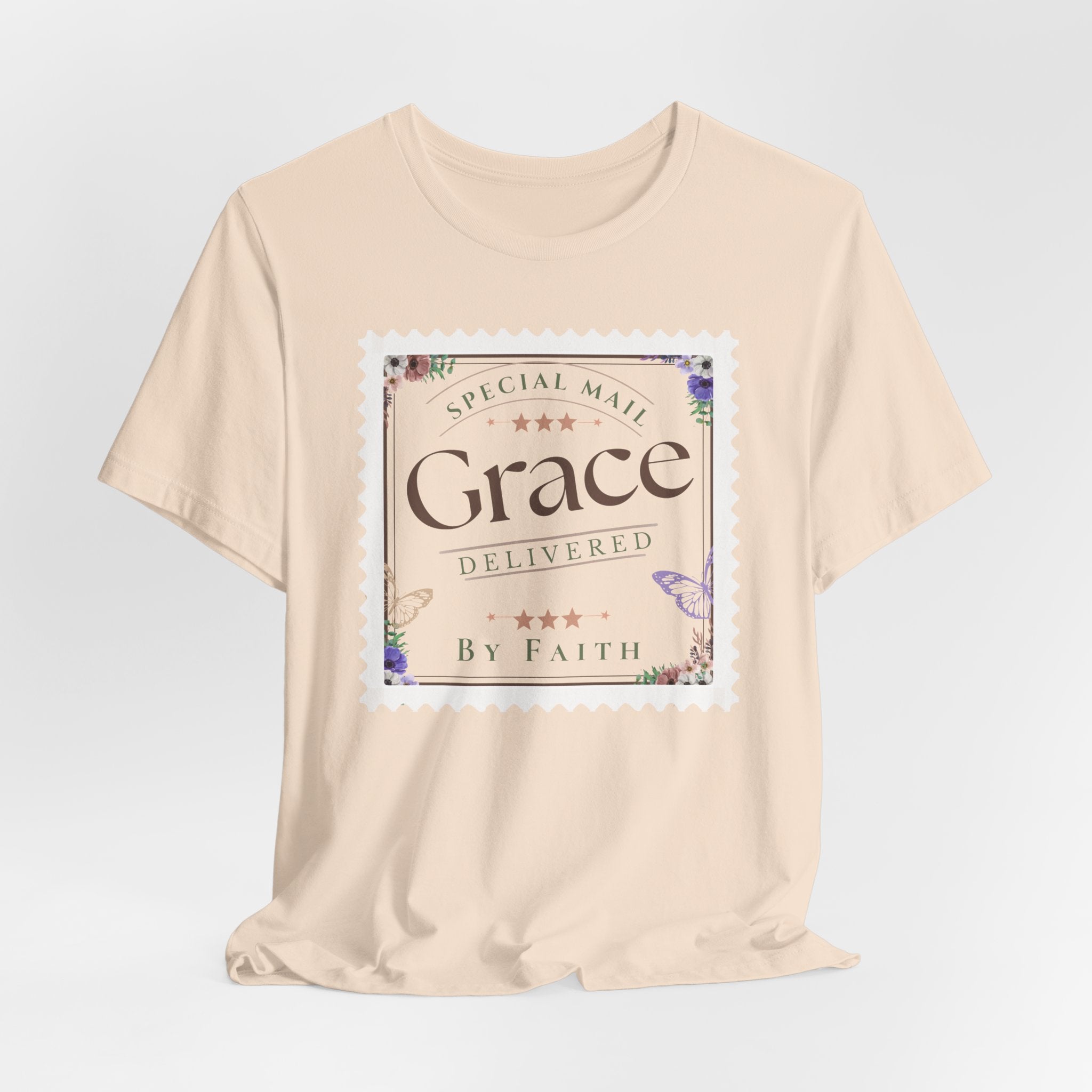 Grace Delivered By Faith Christian Graphic Tee – Vintage Postage Stamp Design